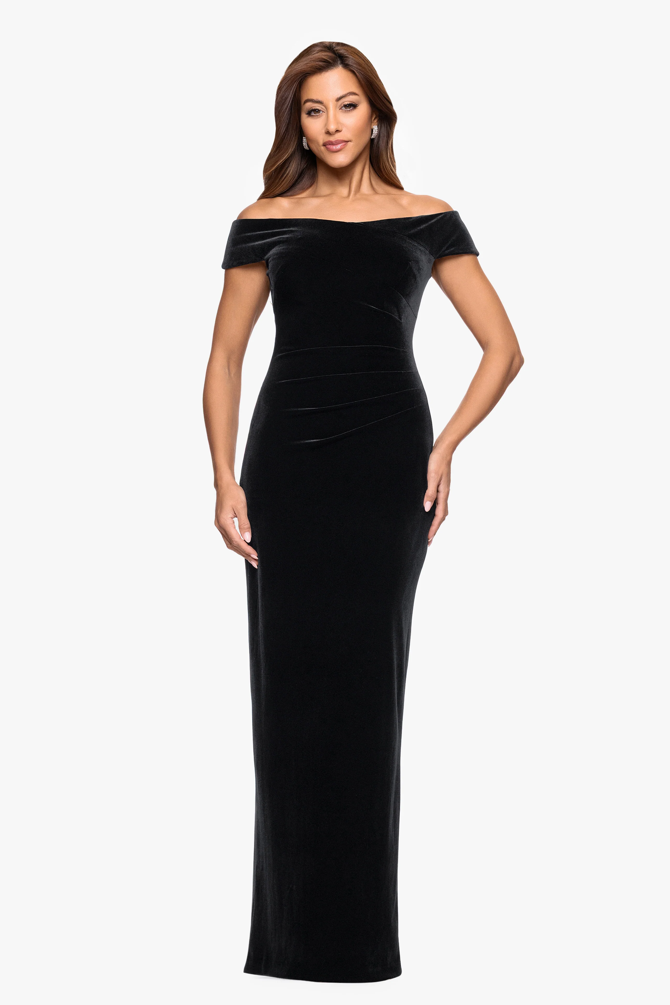 Petite "Agatha" Velvet Off the Shoulder Rouched Waist Dress