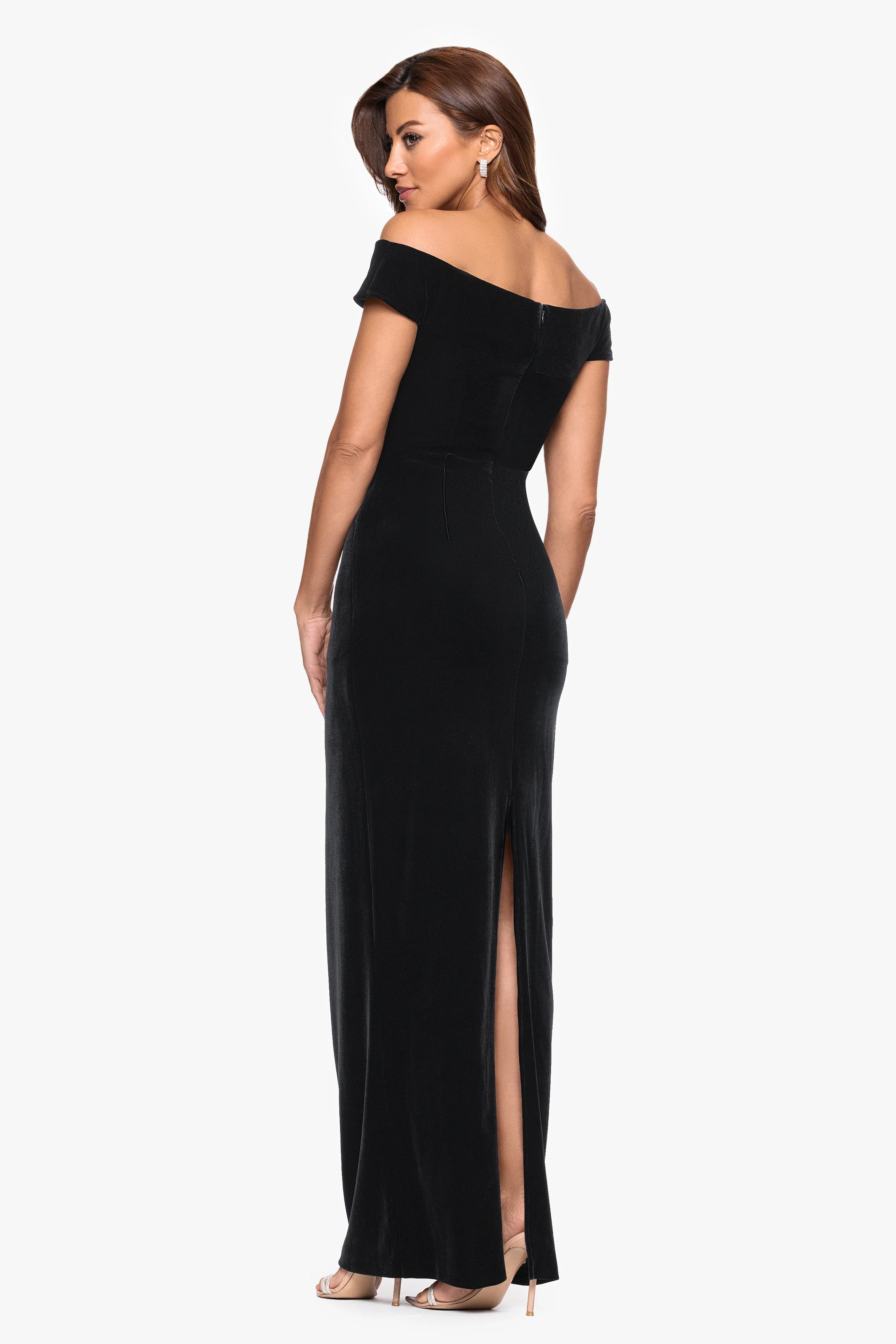 Petite "Agatha" Velvet Off the Shoulder Rouched Waist Dress - Image 3