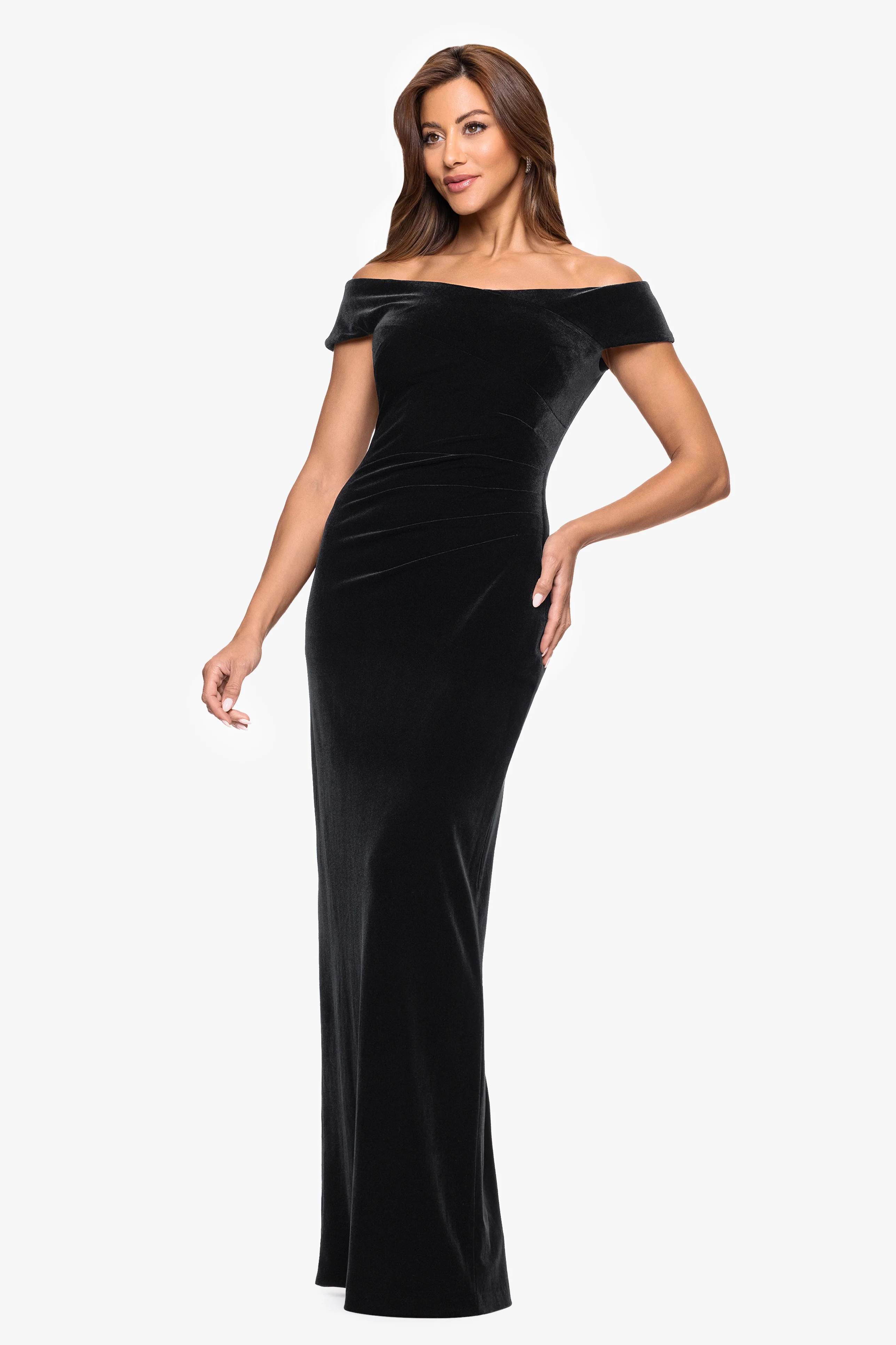 Petite "Agatha" Velvet Off the Shoulder Rouched Waist Dress - Image 4