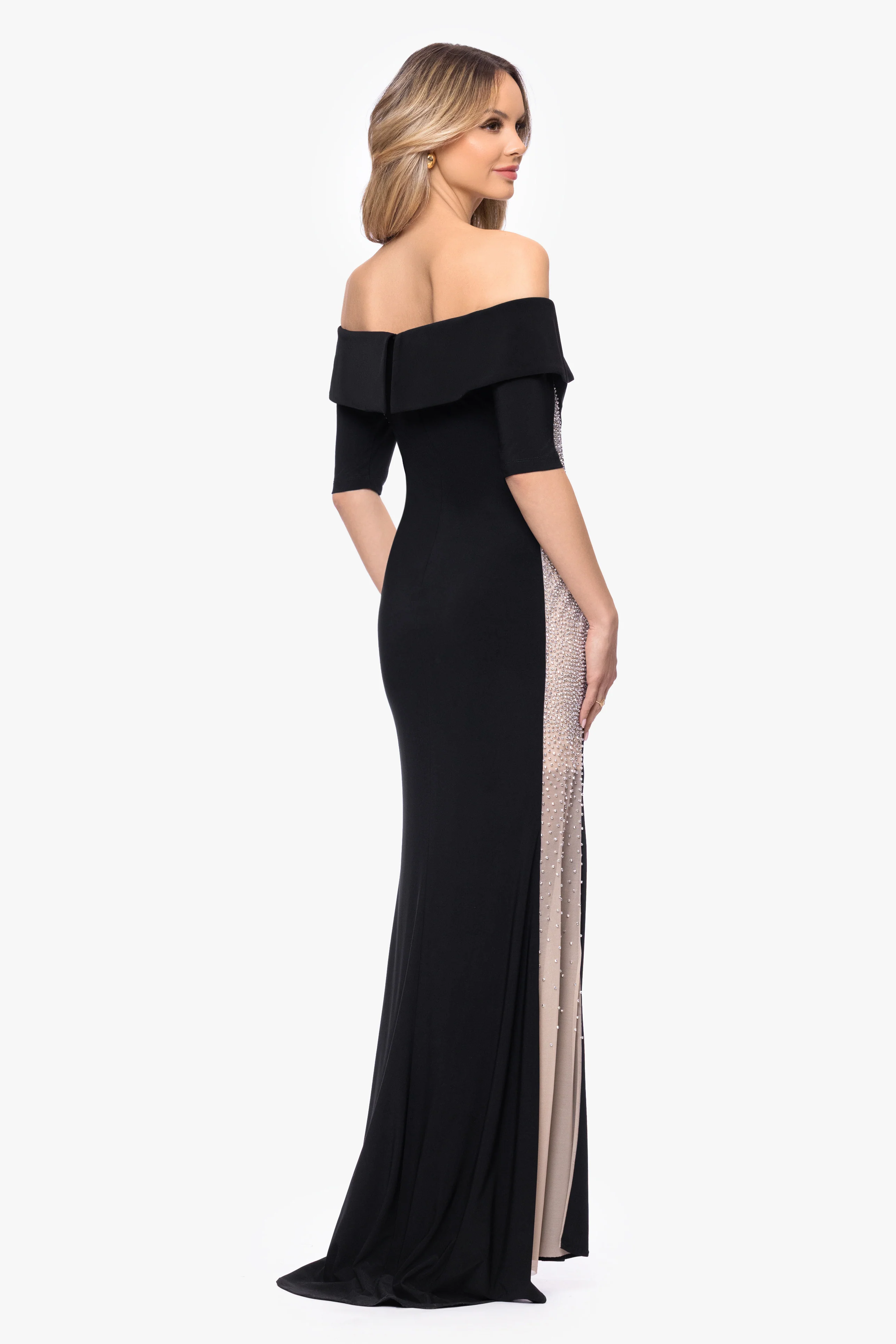 "Alice" Jersey Knit Off The Shoulder Caviar Dress - Image 3