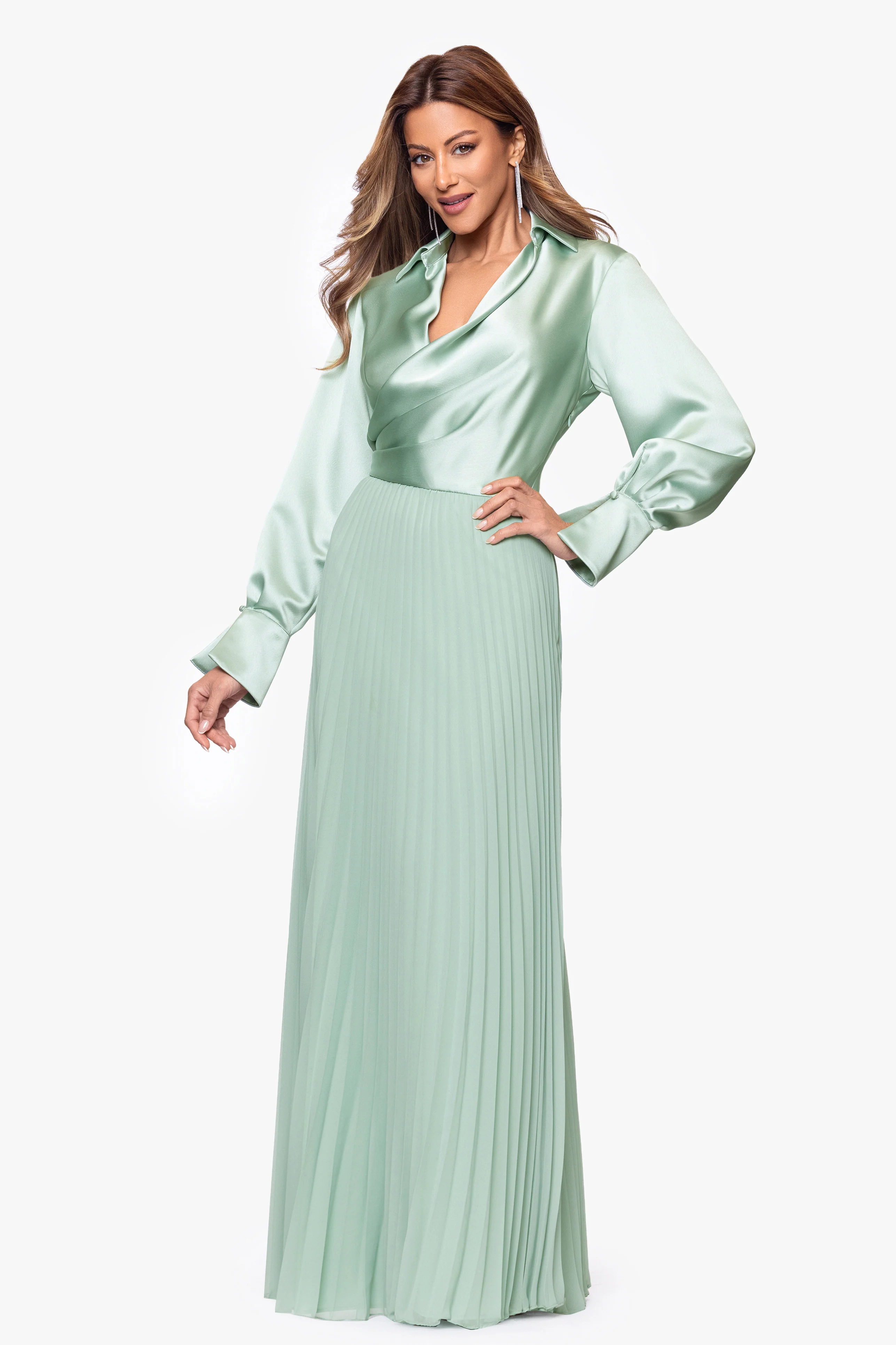 "Brooke" Satin and Chiffon Long Sleeve Dress - Image 4