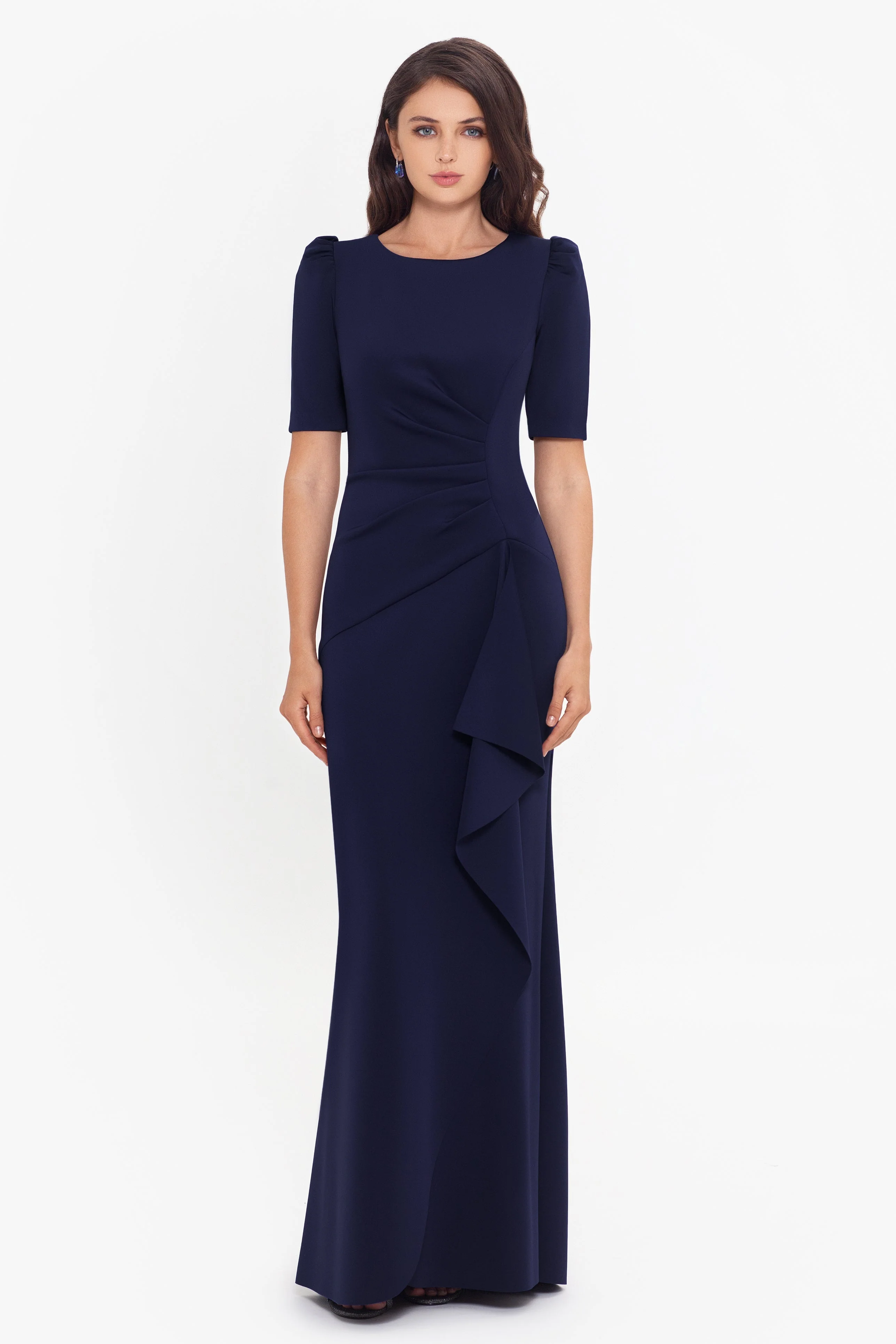 "Demi" Scuba Short Sleeve Side Ruched Gown - Image 3