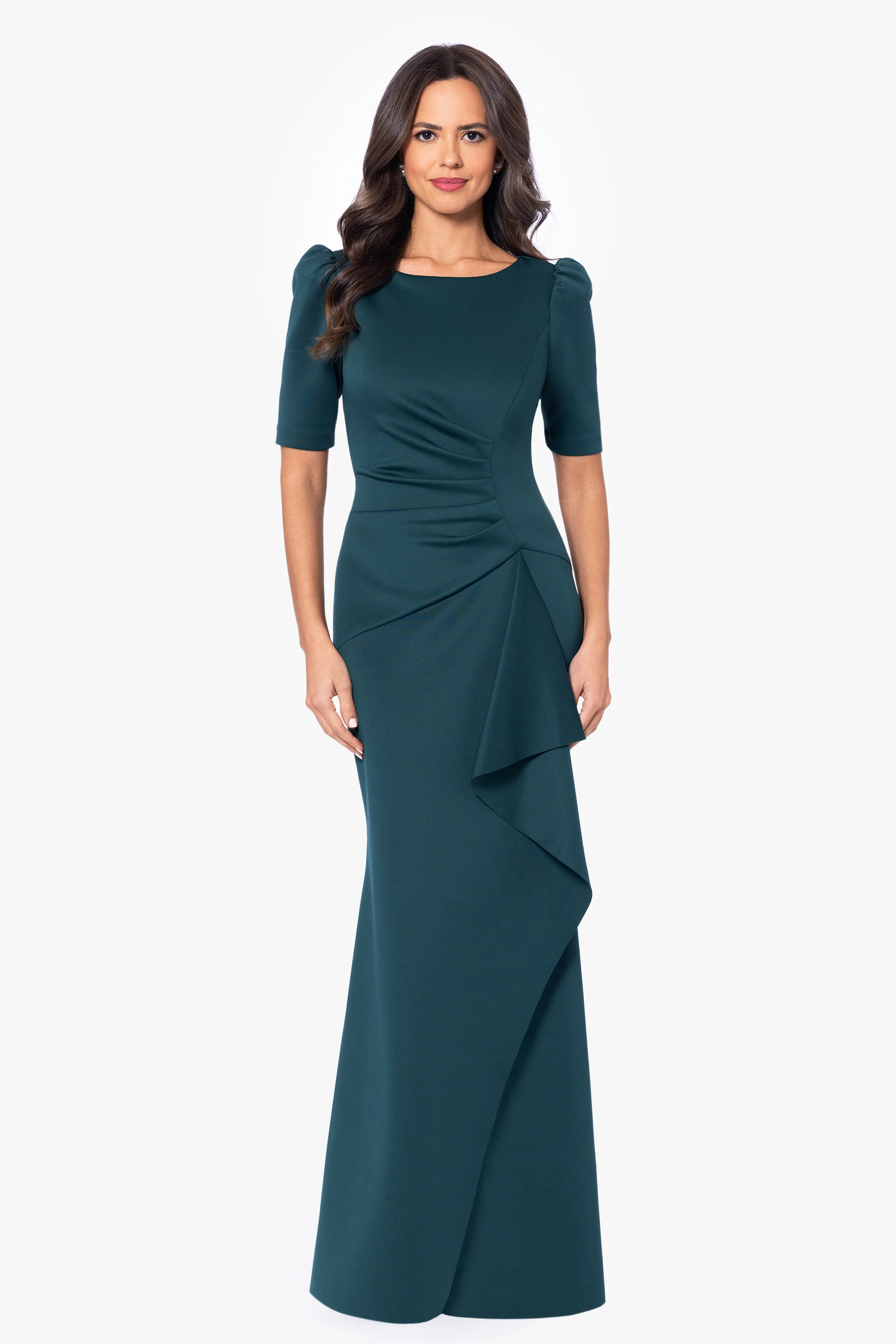 "Demi" Scuba Short Sleeve Side Ruched Gown - Image 3