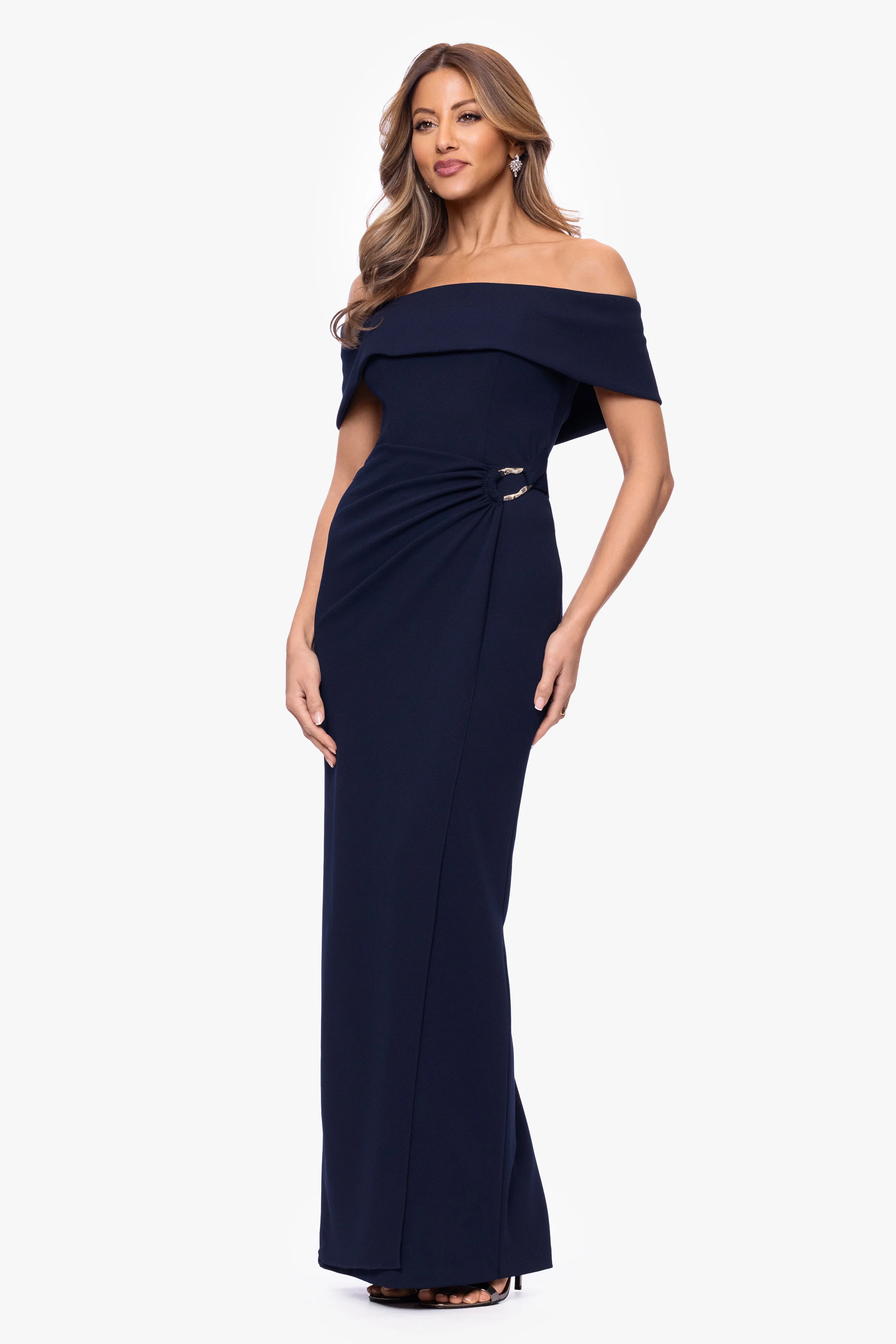 "Devon" Scuba Crepe Off The Shoulder Gold Detail Waist Dress - Image 4
