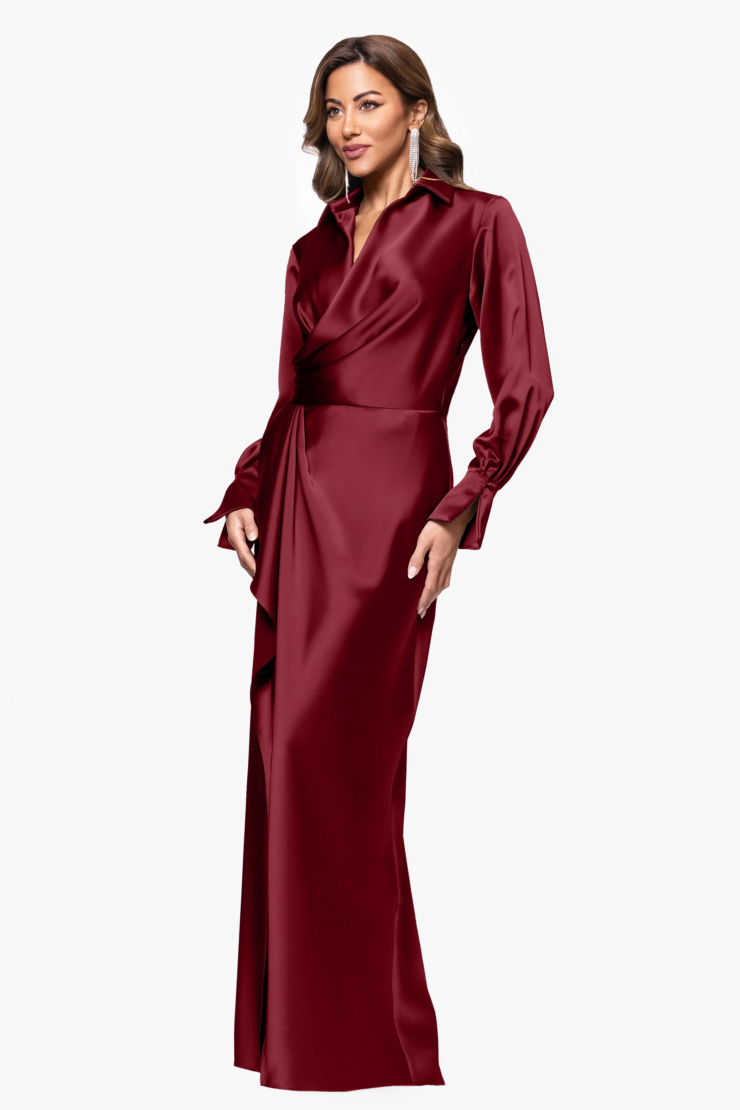 "Emery" Satin Long Sleeve Collared Dress - Image 12