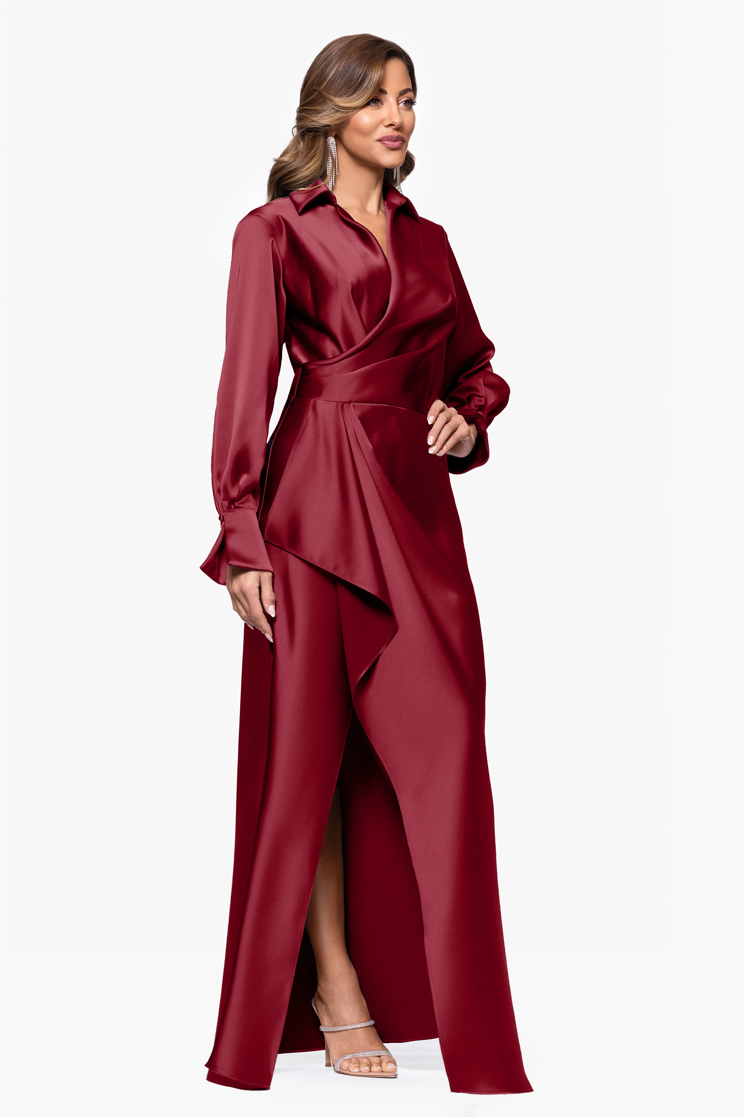 "Emery" Satin Long Sleeve Collared Dress - Image 13