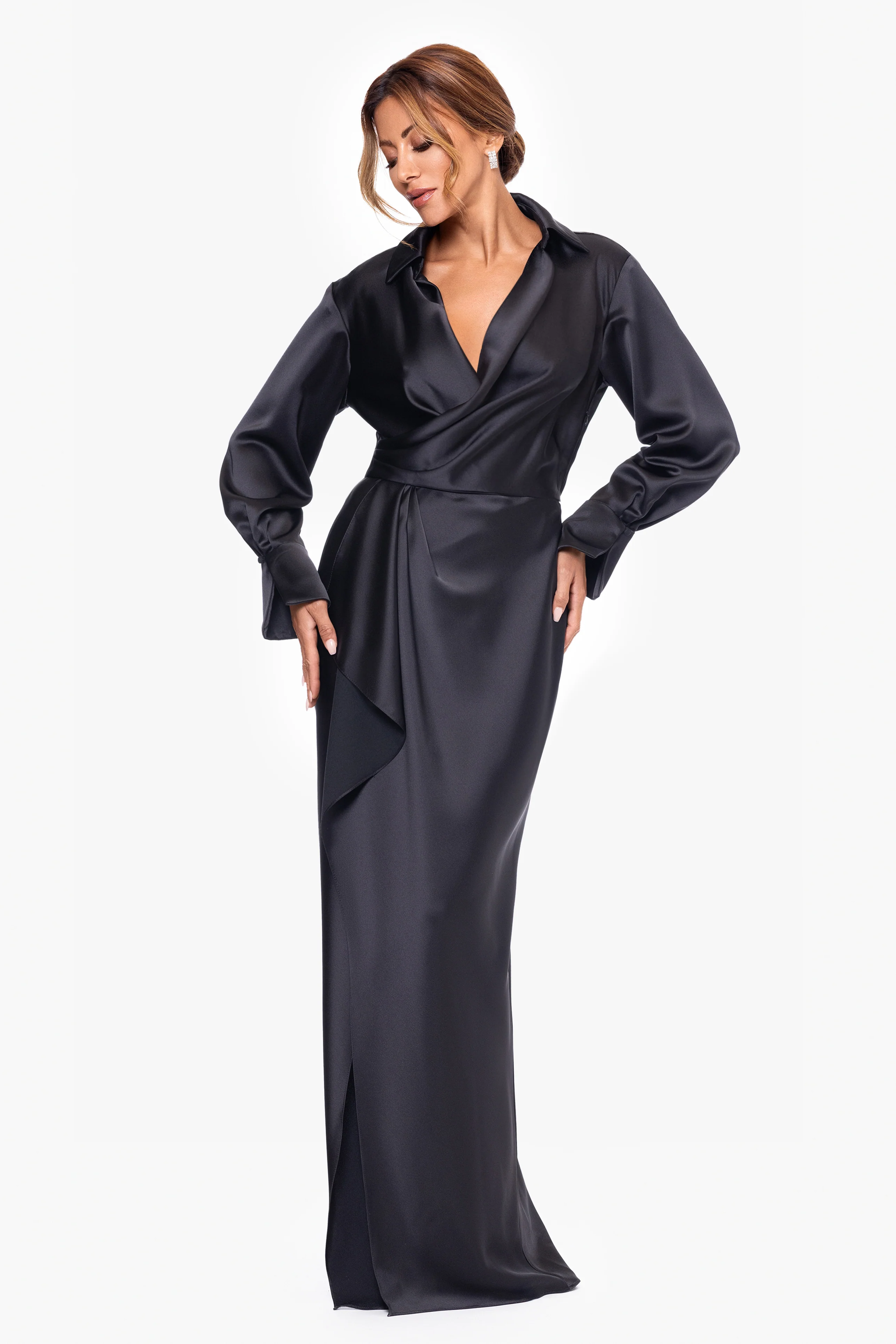 "Emery" Satin Long Sleeve Collared Dress - Image 3
