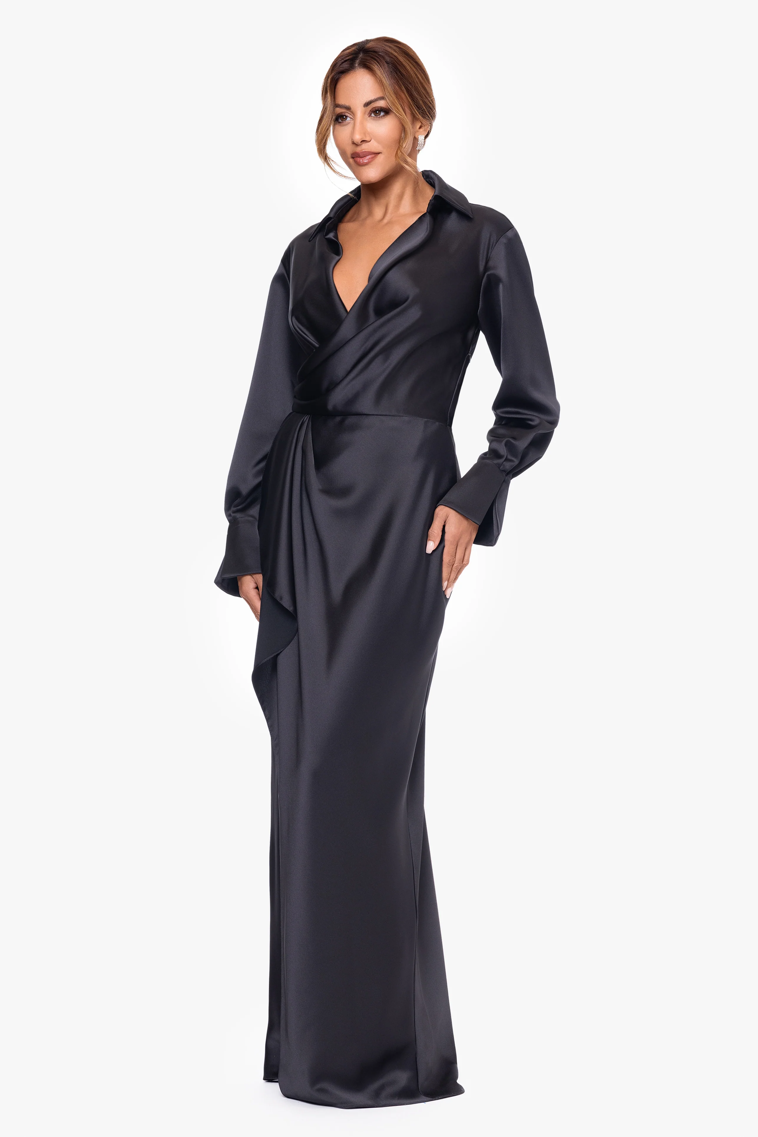 "Emery" Satin Long Sleeve Collared Dress - Image 4