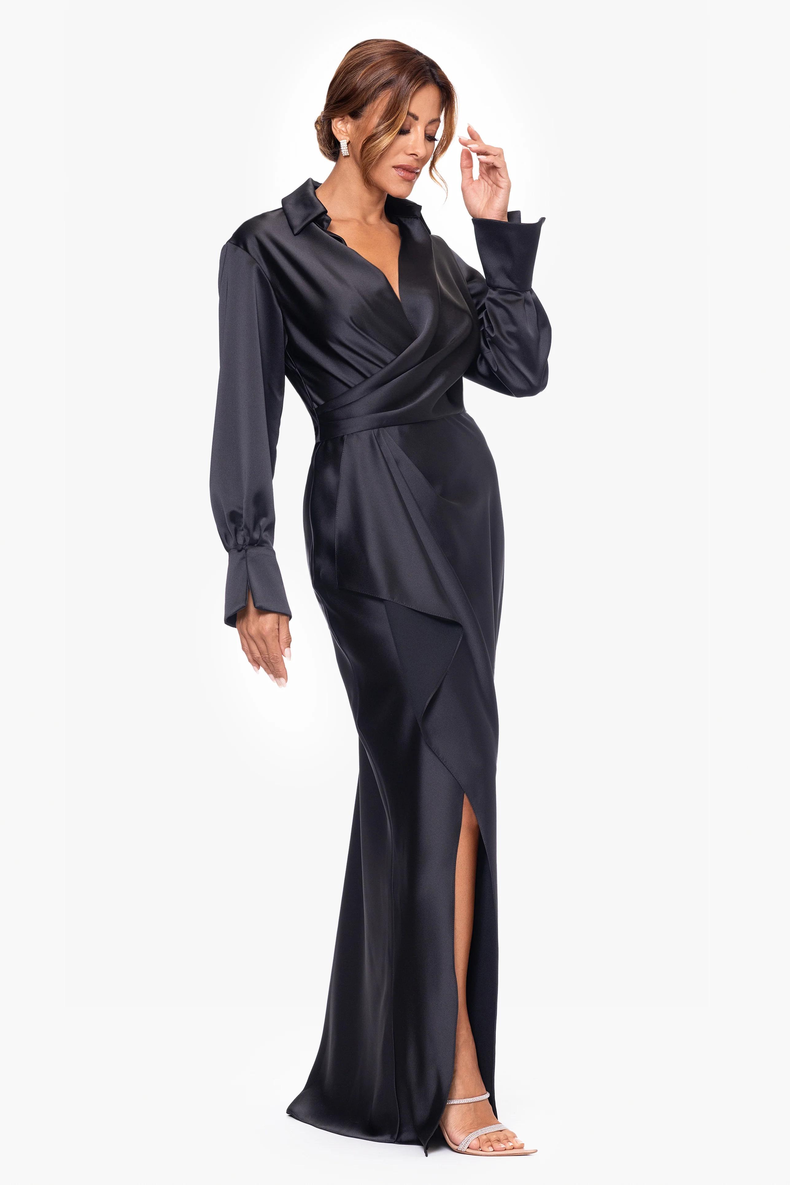 "Emery" Satin Long Sleeve Collared Dress - Image 5