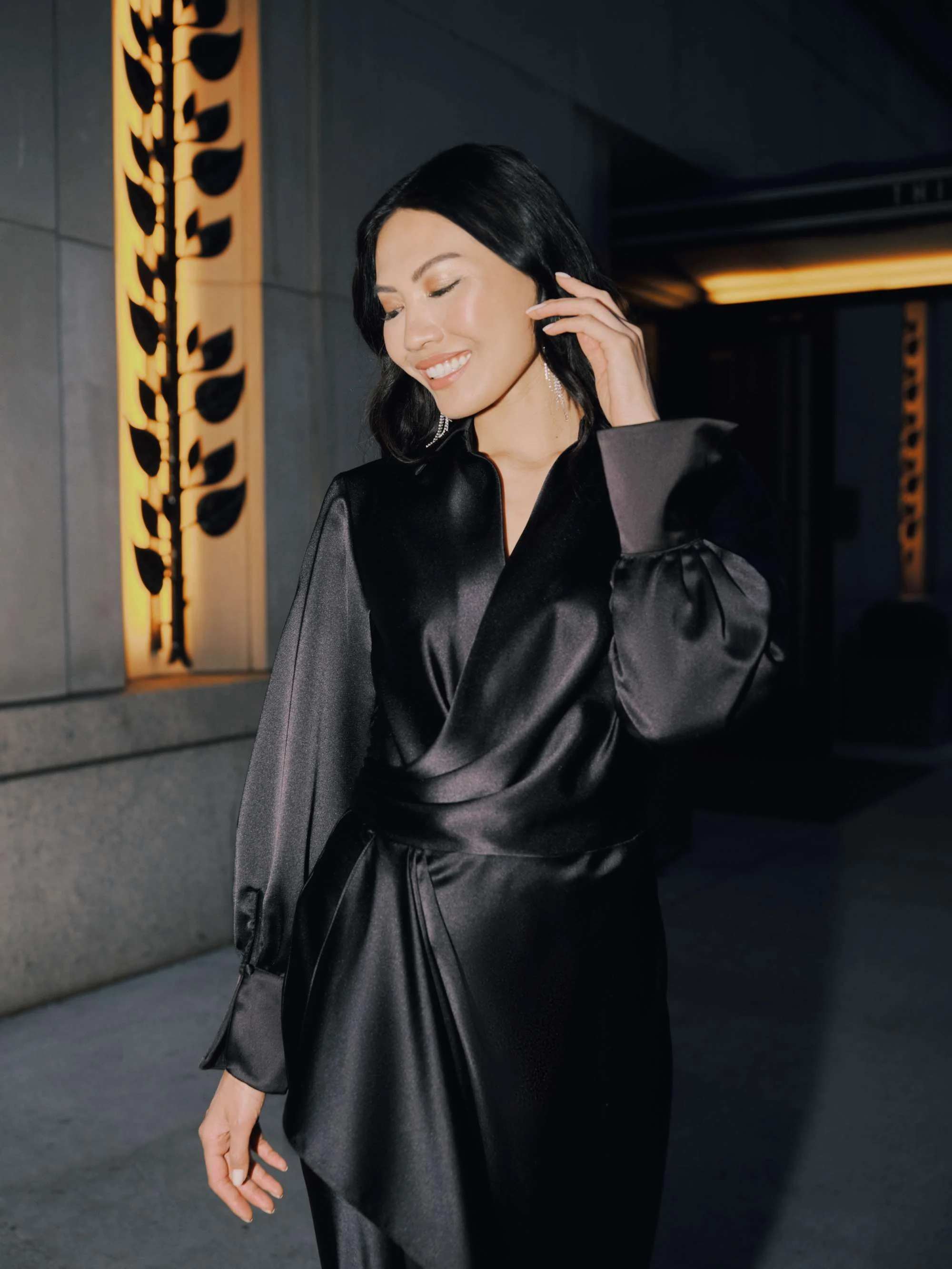 "Emery" Satin Long Sleeve Collared Dress - Image 7
