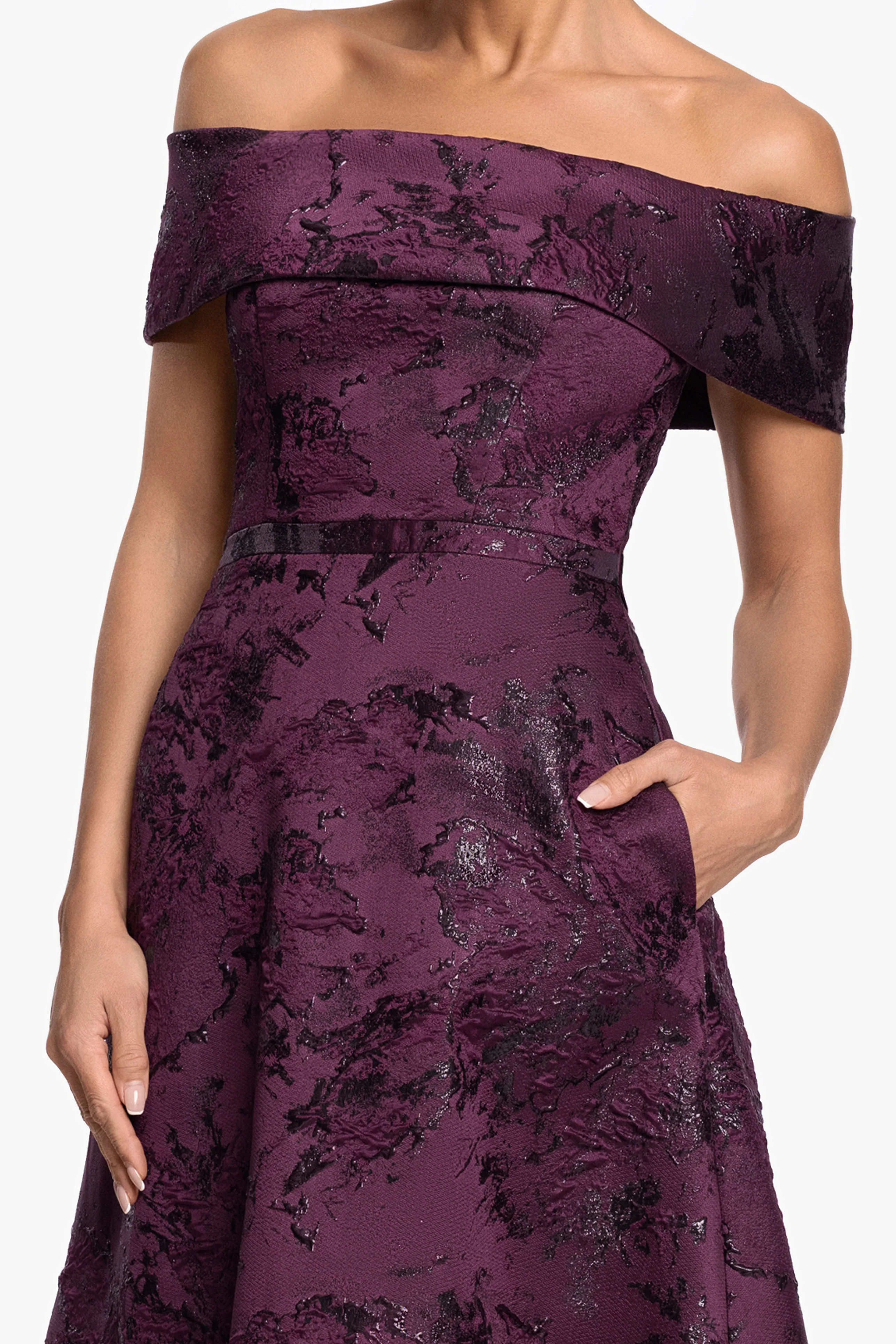"Emily" Printed Brocade Off The Shoulder Gown - Image 2