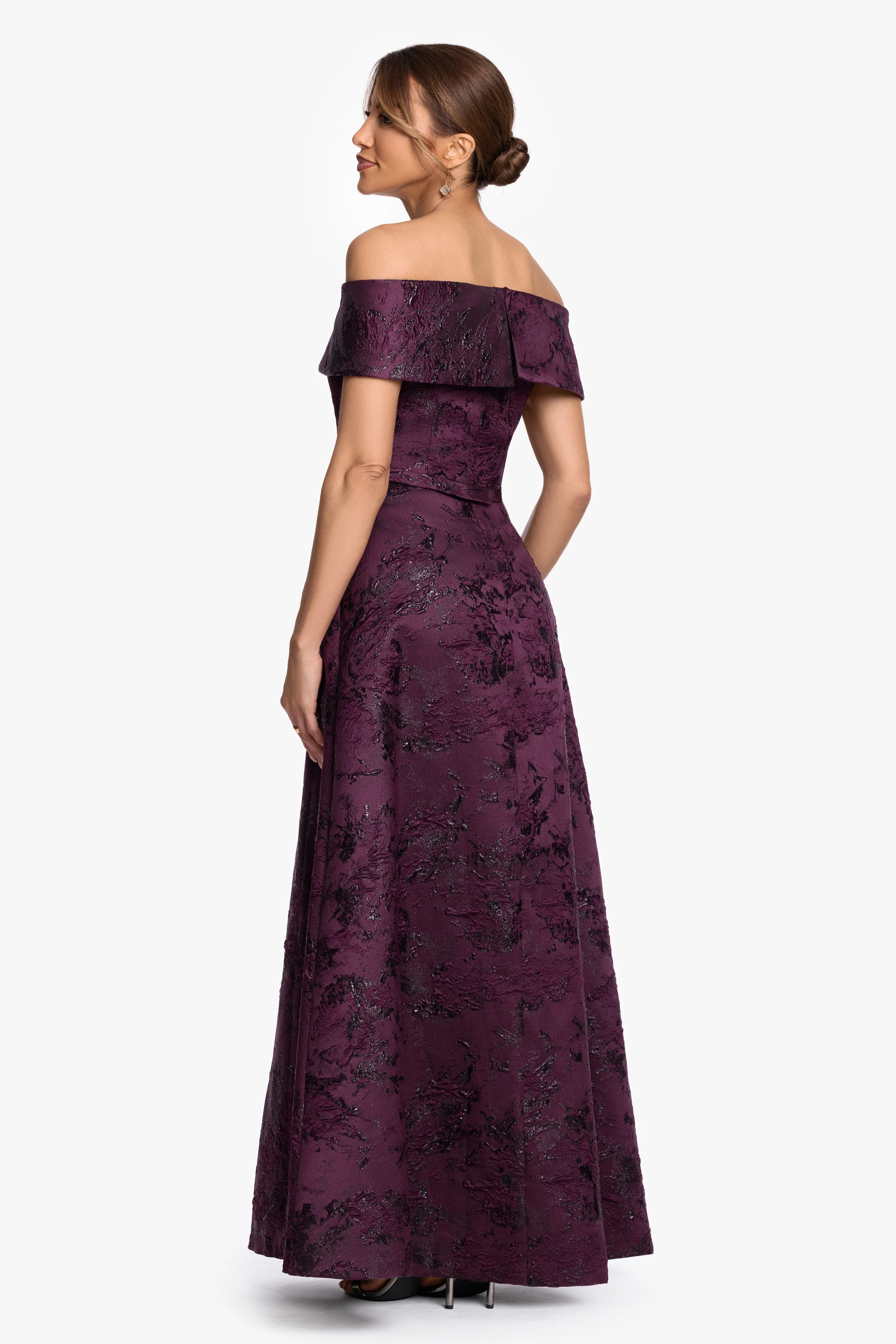"Emily" Printed Brocade Off The Shoulder Gown - Image 3