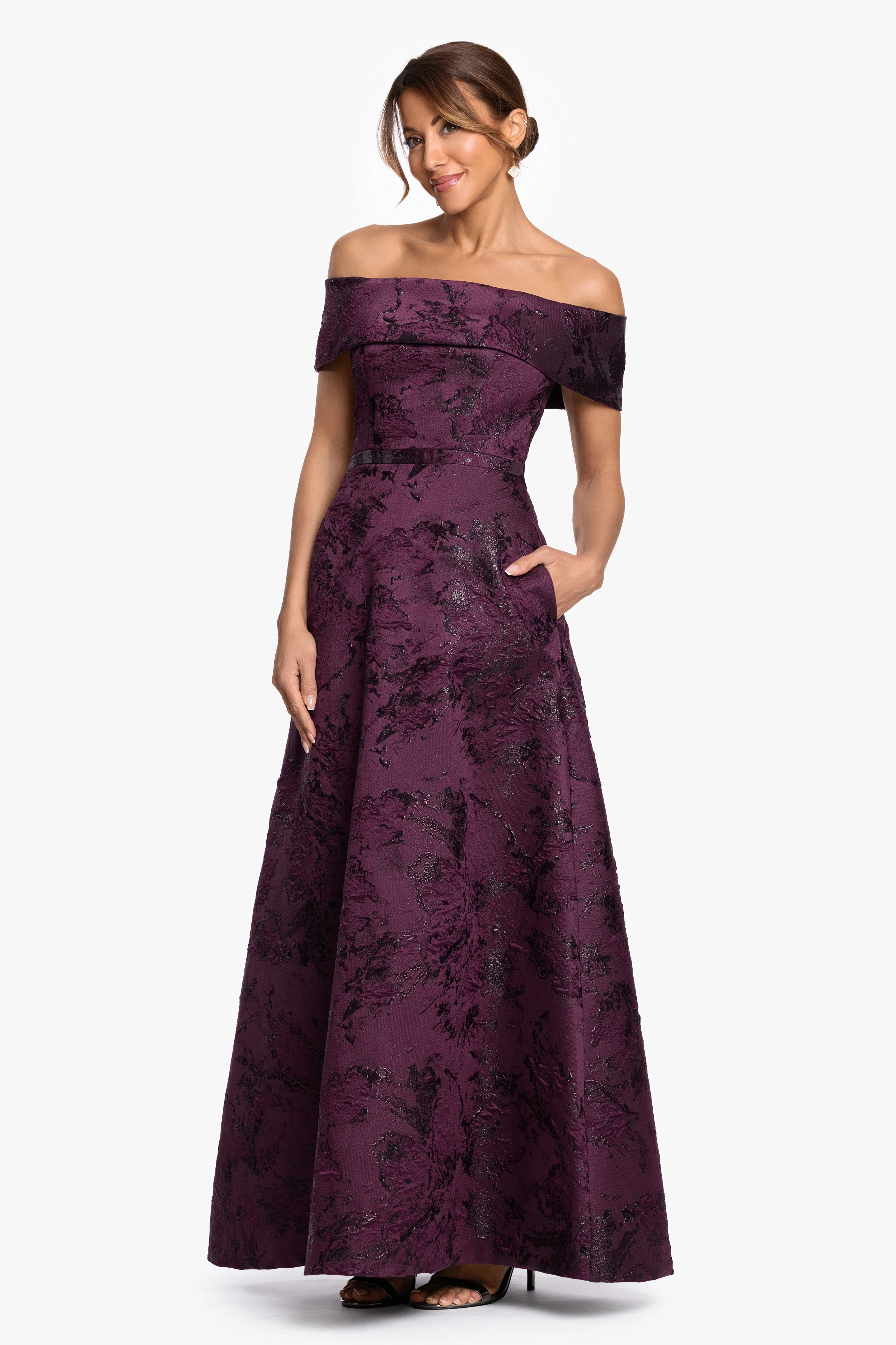 "Emily" Printed Brocade Off The Shoulder Gown - Image 4