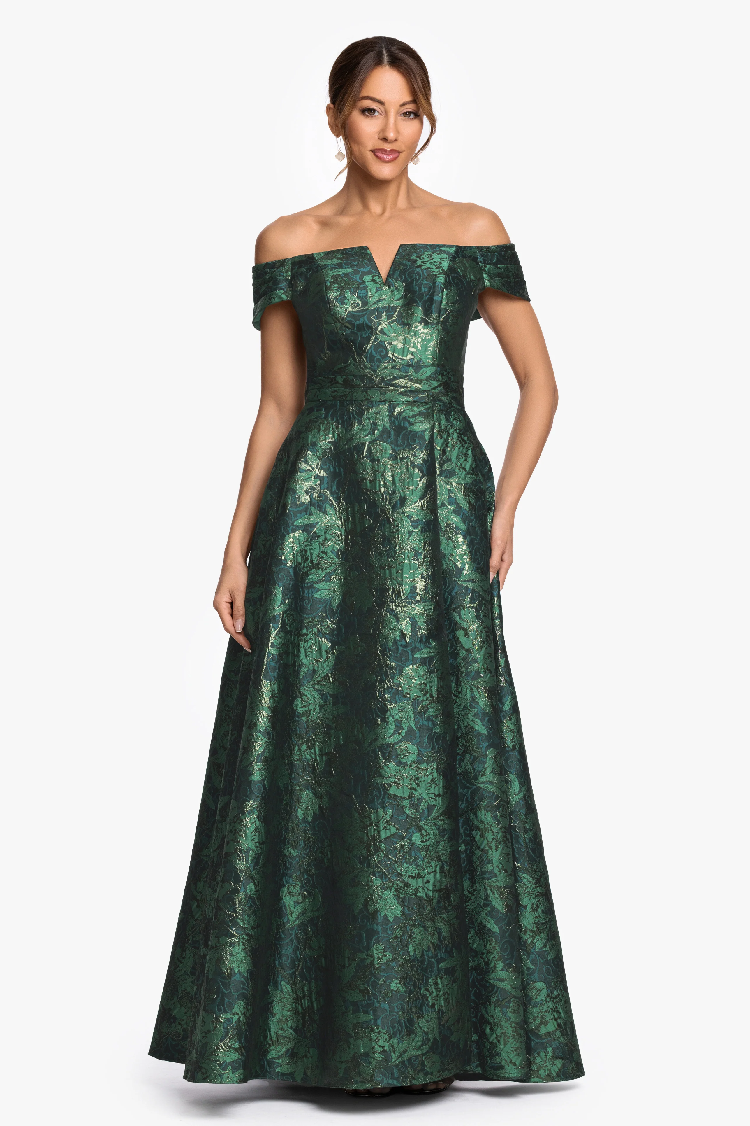 "Esther" Printed Brocade Off The Shoulder Gown