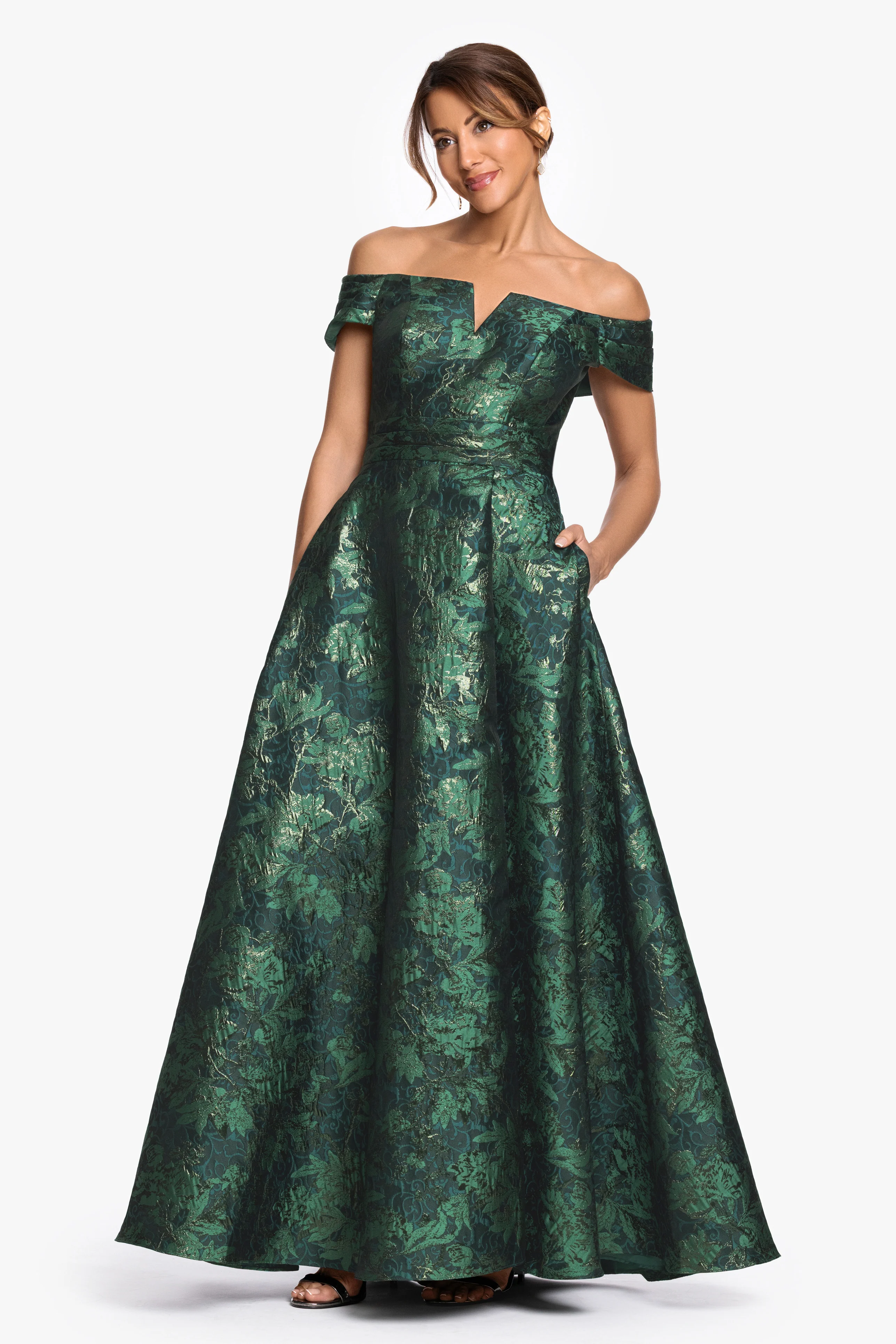 "Esther" Printed Brocade Off The Shoulder Gown - Image 4