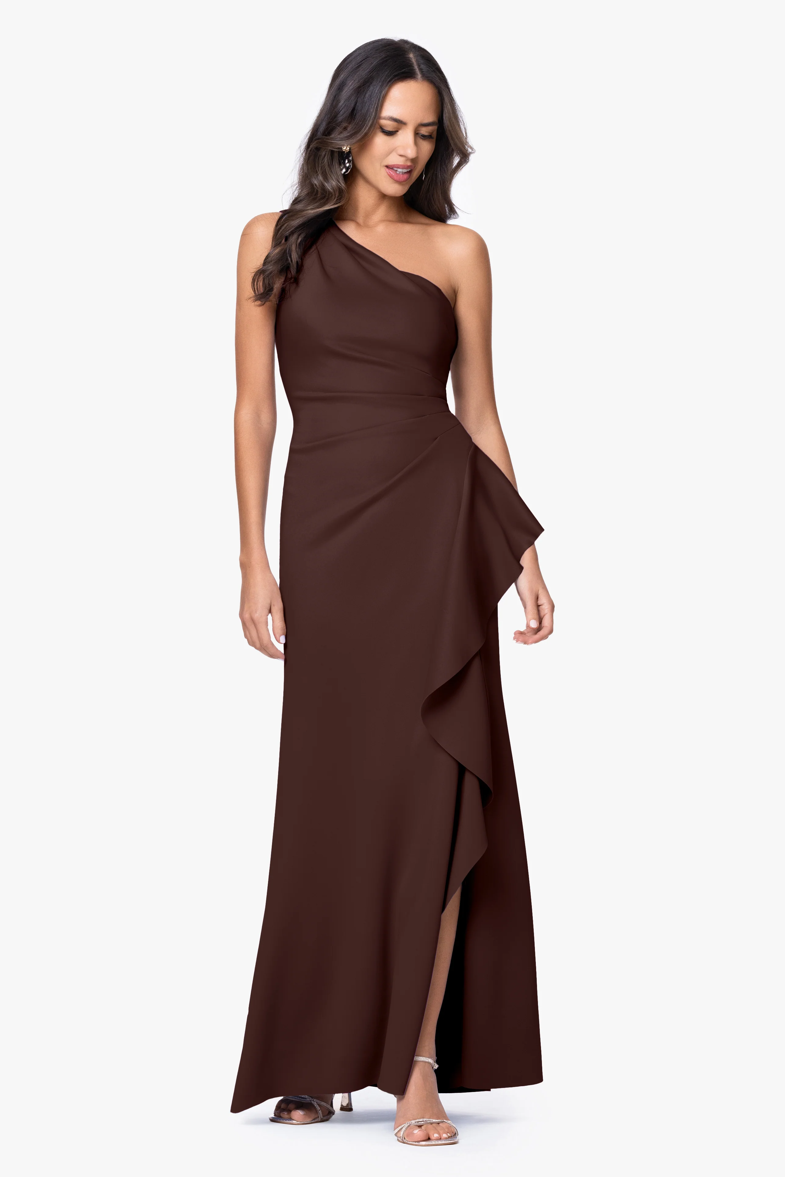 "Flo" Long Techno Scuba One Shoulder Ruffle Dress - Image 45