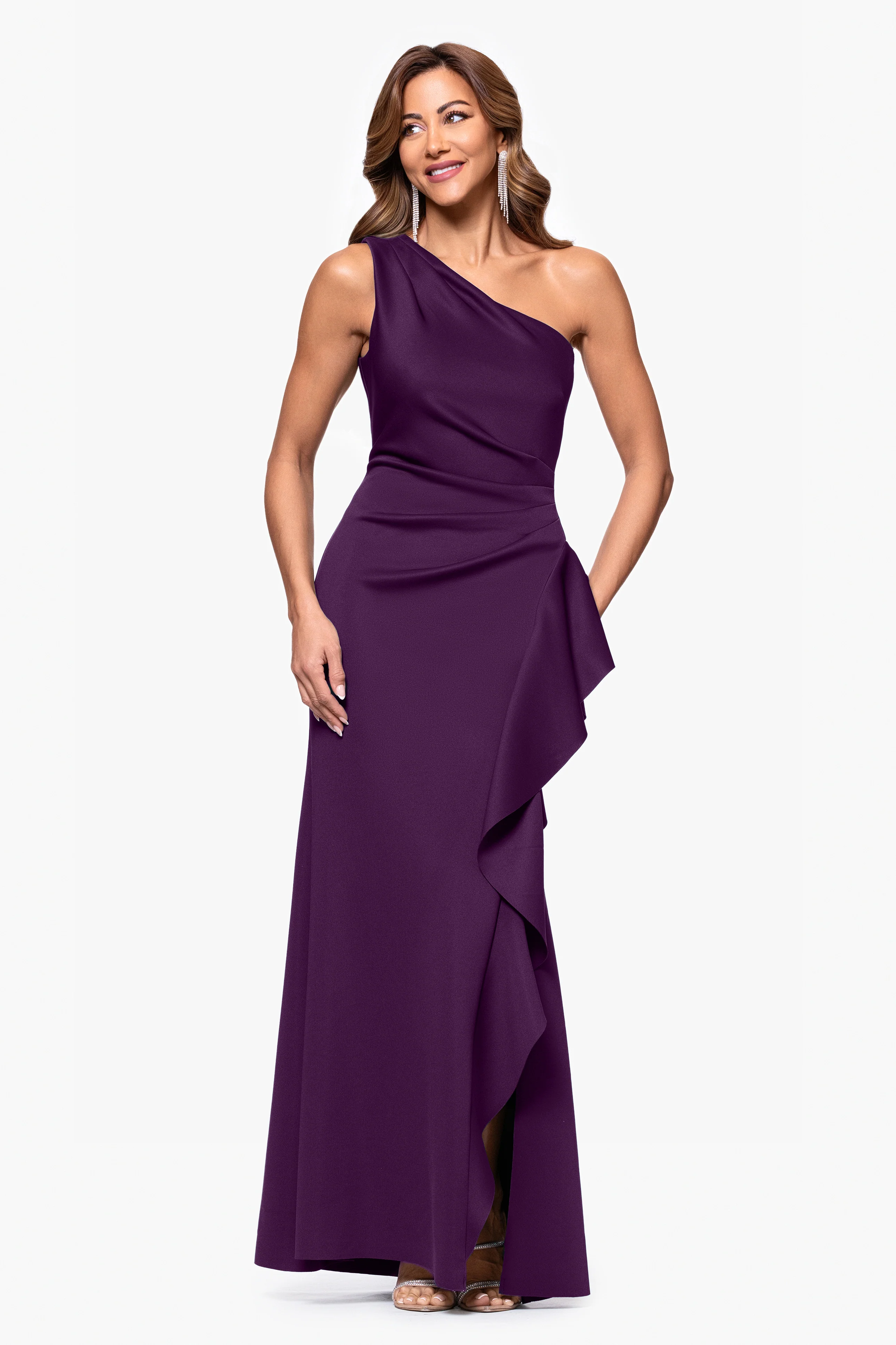 "Flo" Long Techno Scuba One Shoulder Ruffle Dress - Image 5