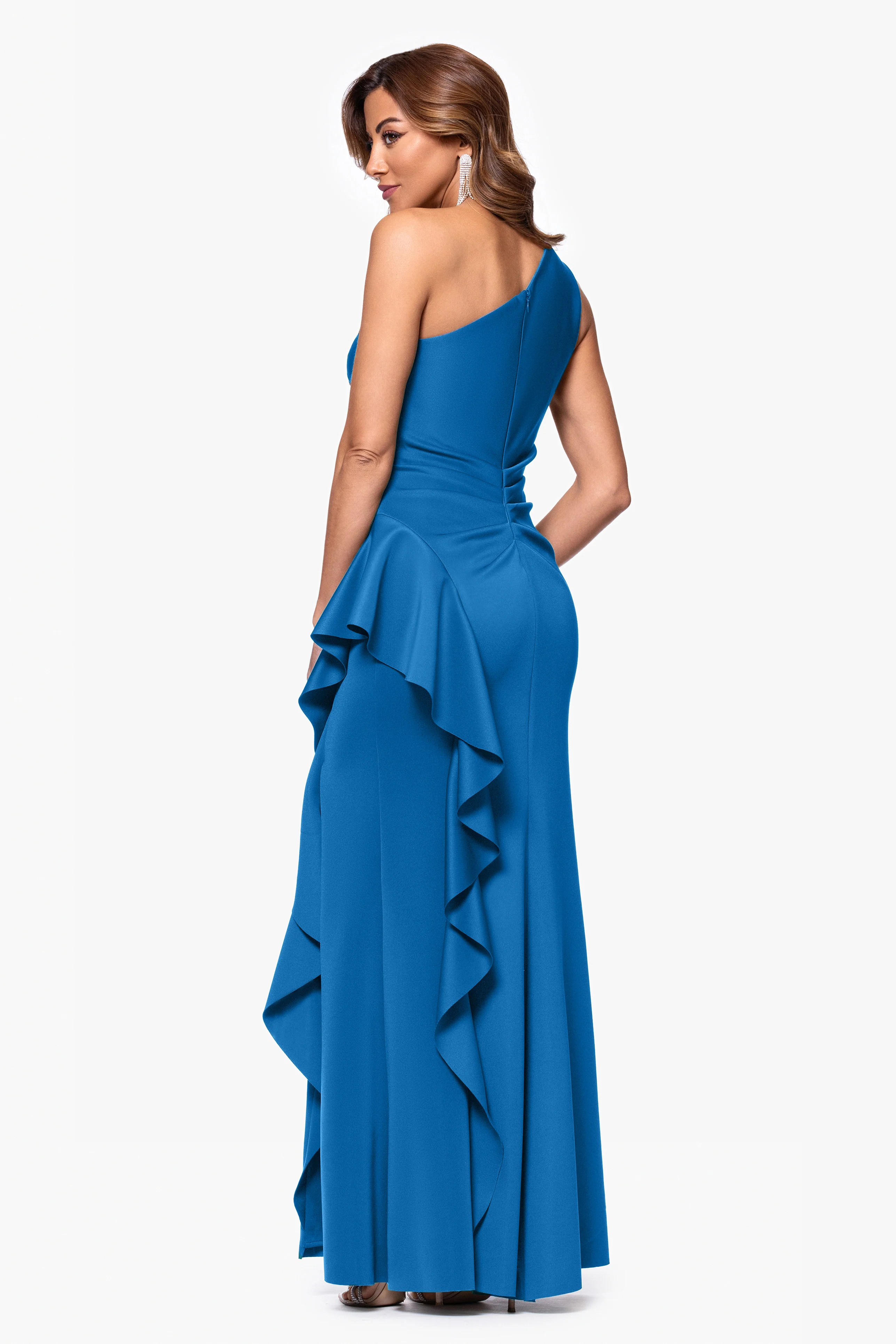 "Flo" Long Techno Scuba One Shoulder Ruffle Dress - Image 31