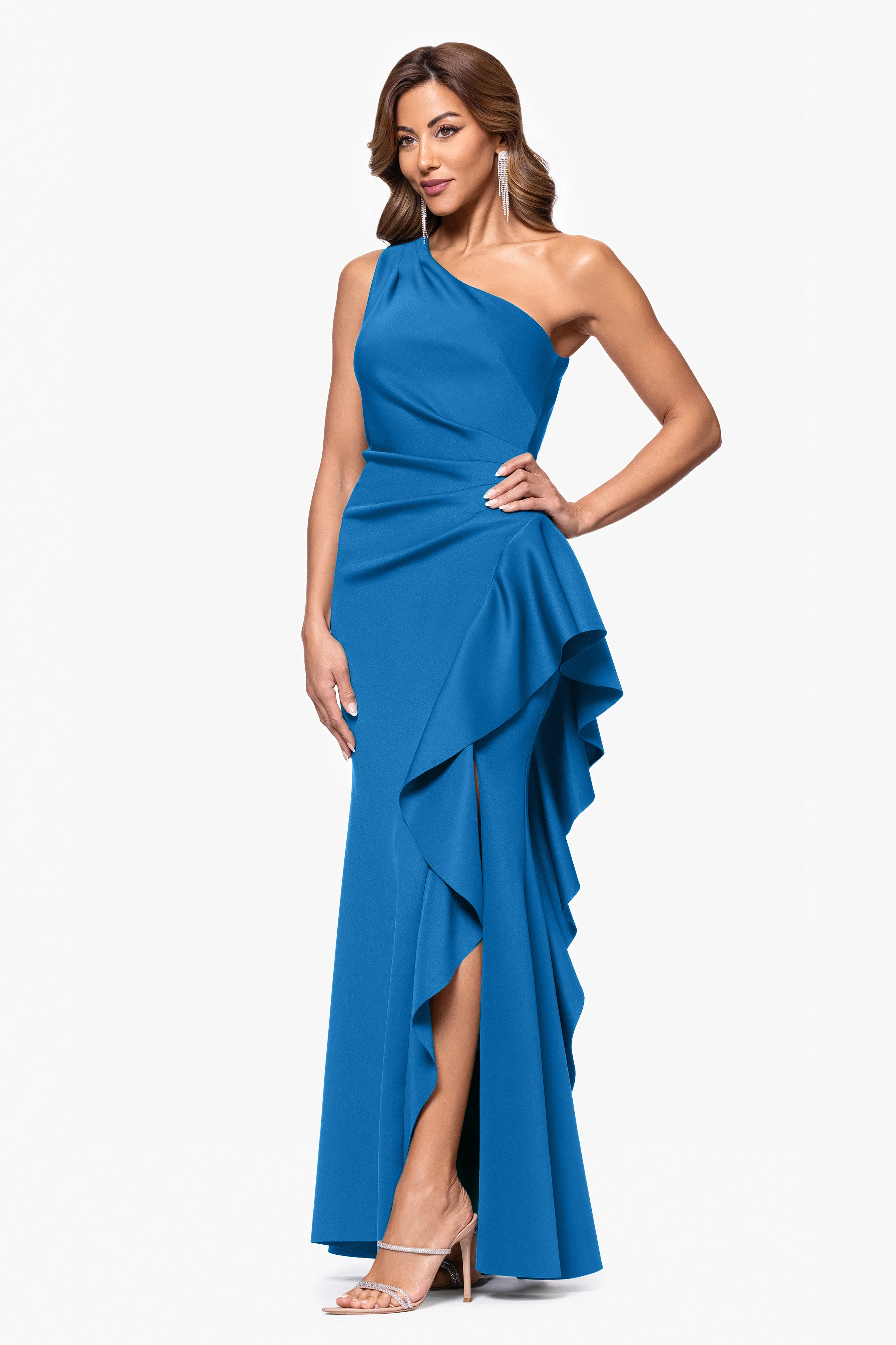 "Flo" Long Techno Scuba One Shoulder Ruffle Dress - Image 32
