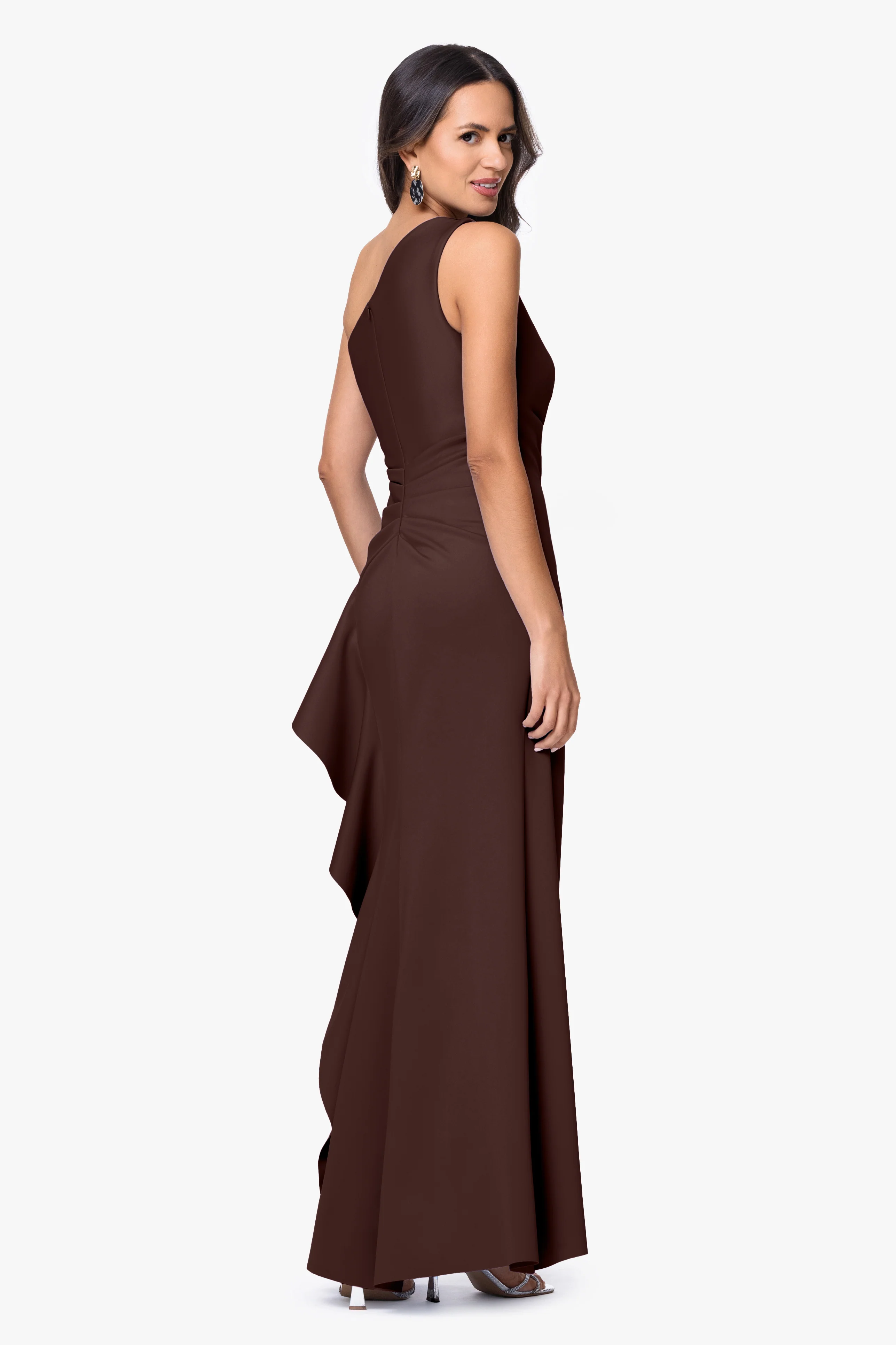 "Flo" Long Techno Scuba One Shoulder Ruffle Dress - Image 48