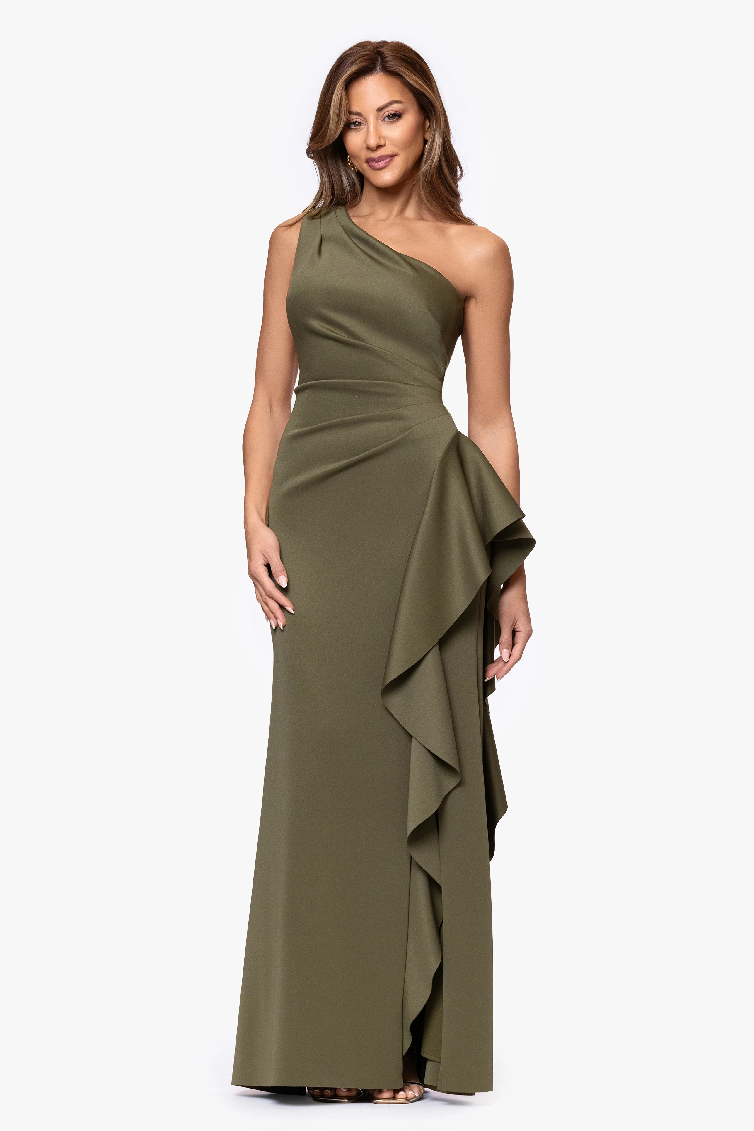 "Flo" Long Techno Scuba One Shoulder Ruffle Dress - Image 40