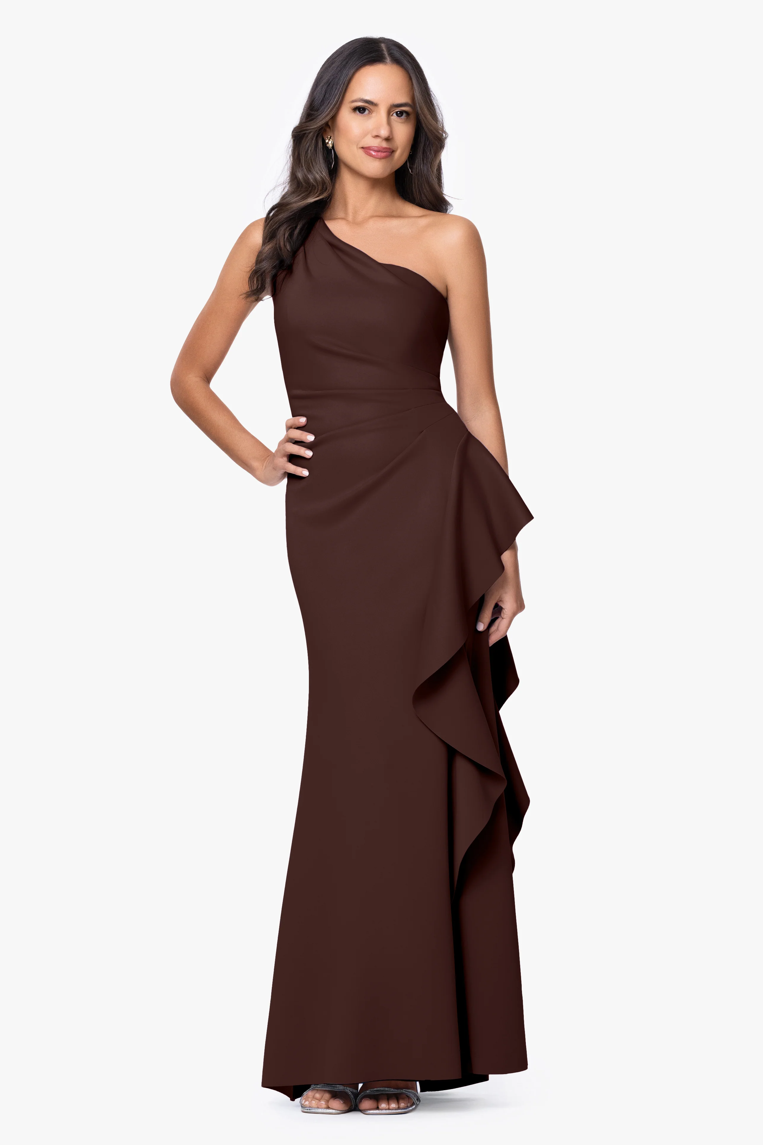 "Flo" Long Techno Scuba One Shoulder Ruffle Dress - Image 49