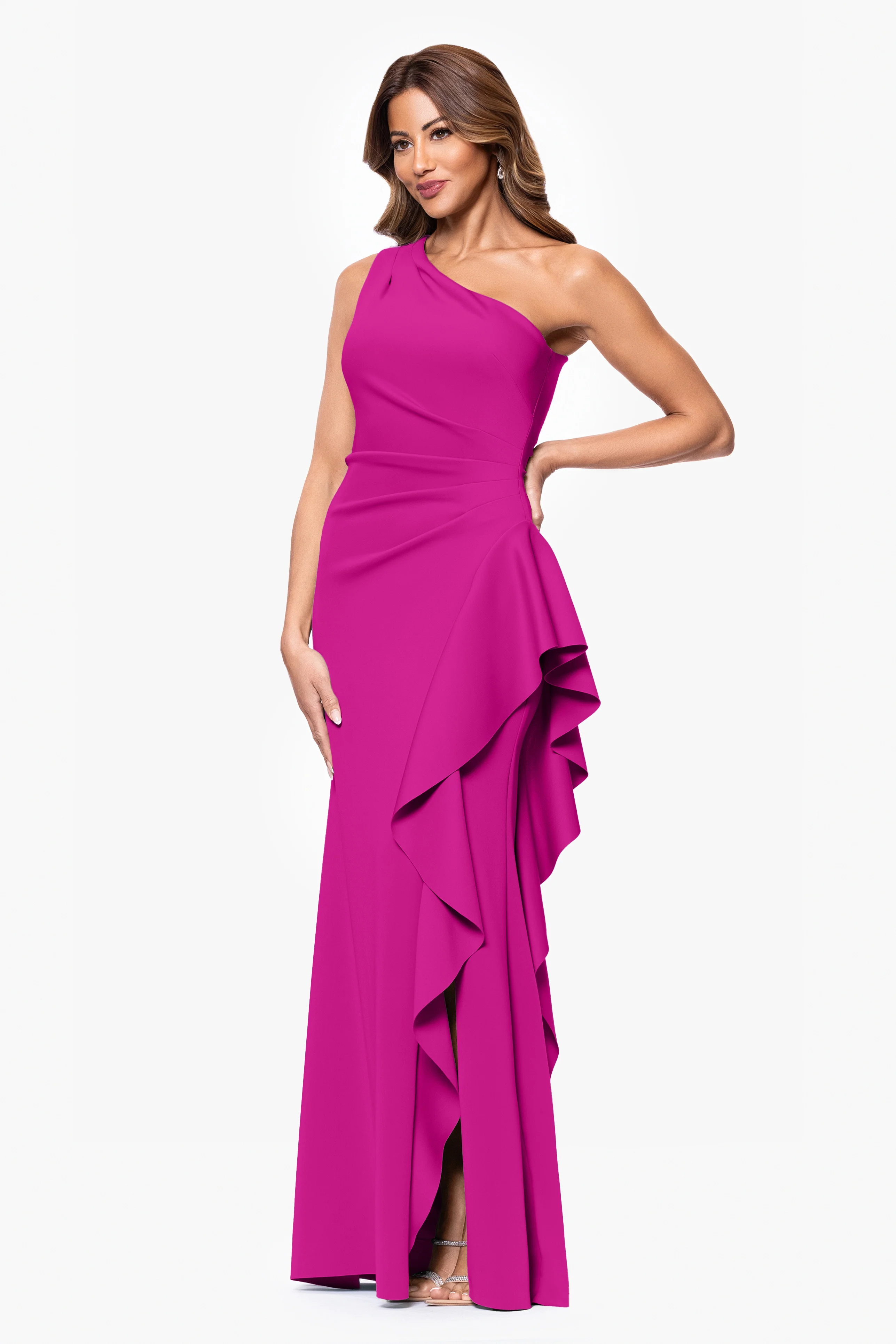 "Flo" Long Techno Scuba One Shoulder Ruffle Dress - Image 5