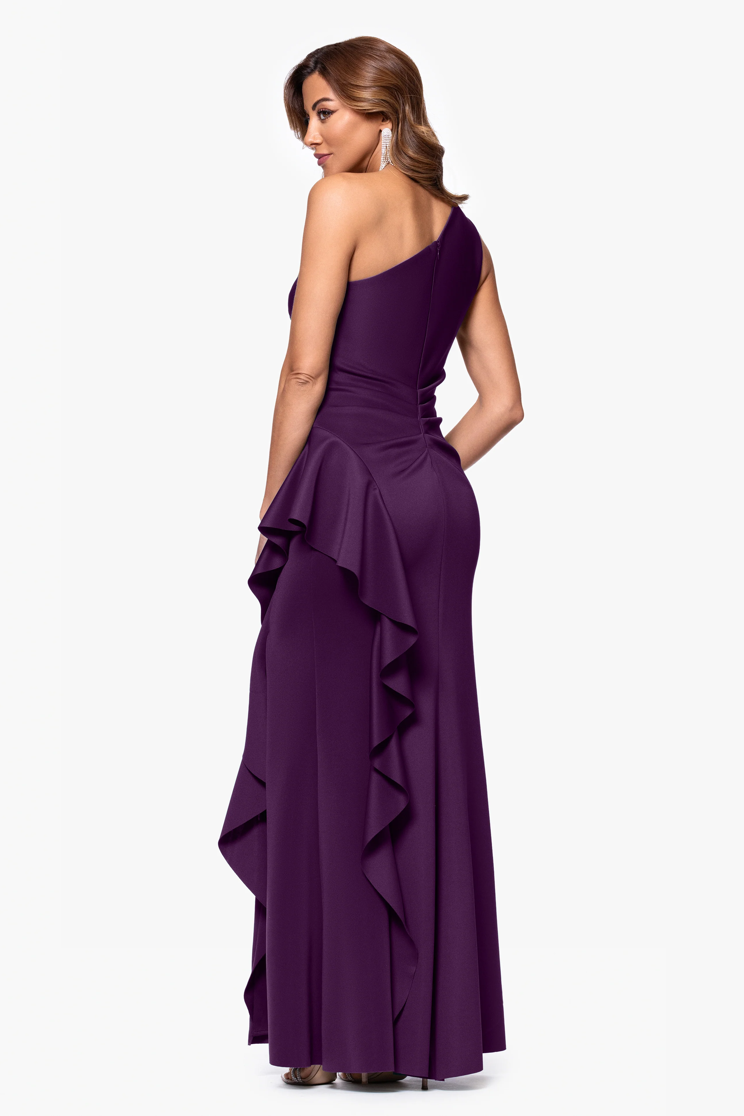 "Flo" Long Techno Scuba One Shoulder Ruffle Dress - Image 12