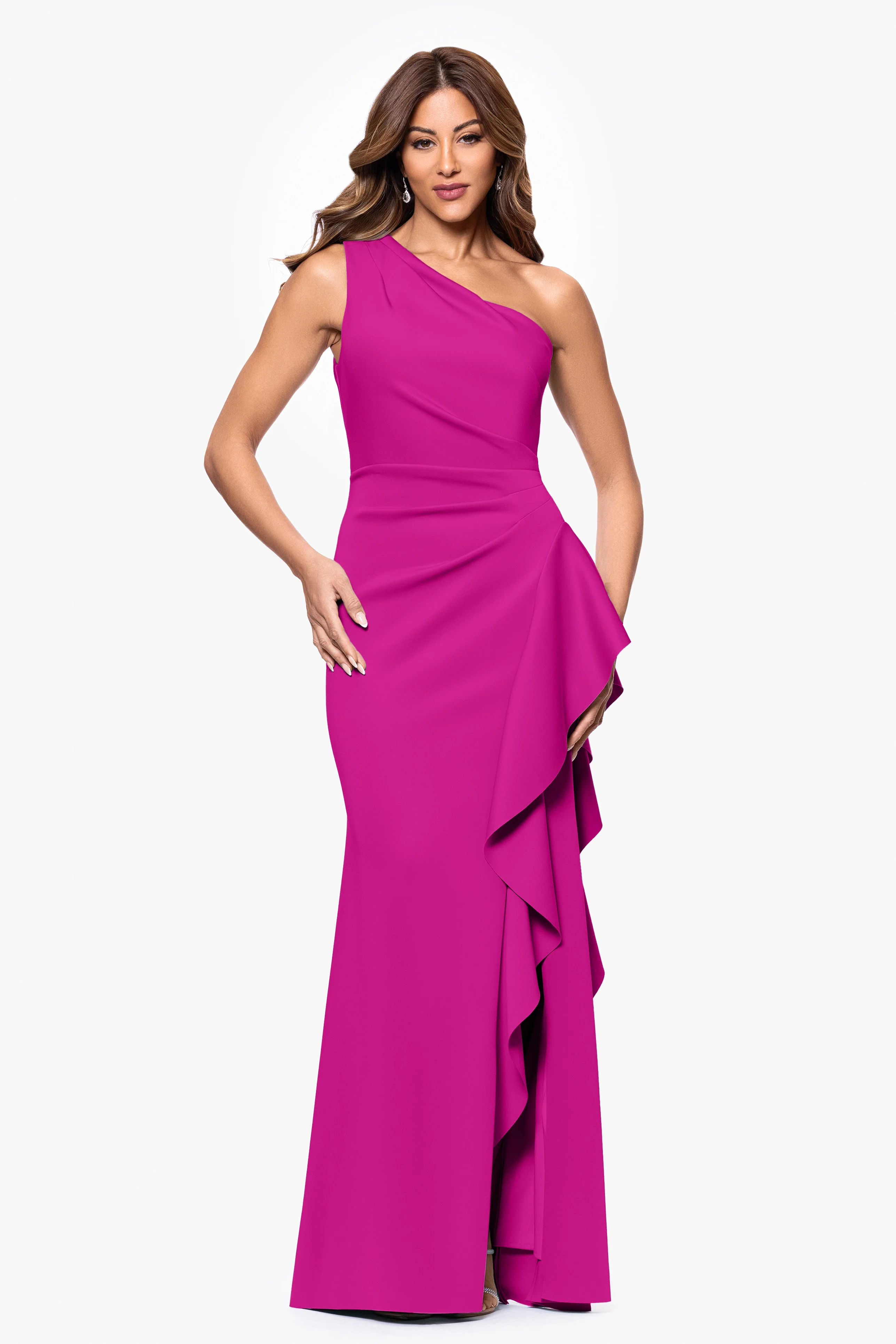 "Flo" Long Techno Scuba One Shoulder Ruffle Dress - Image 15