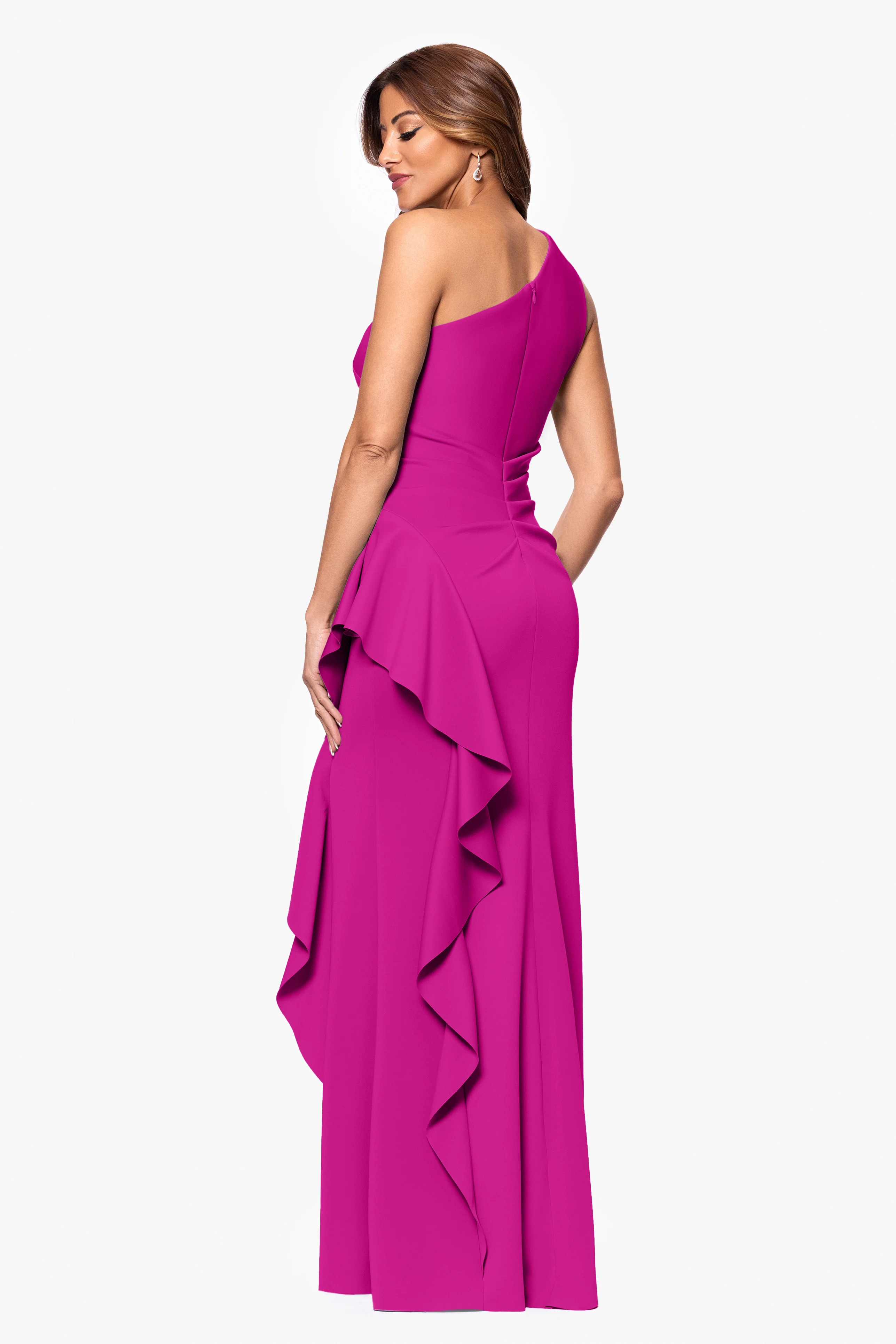 "Flo" Long Techno Scuba One Shoulder Ruffle Dress - Image 17