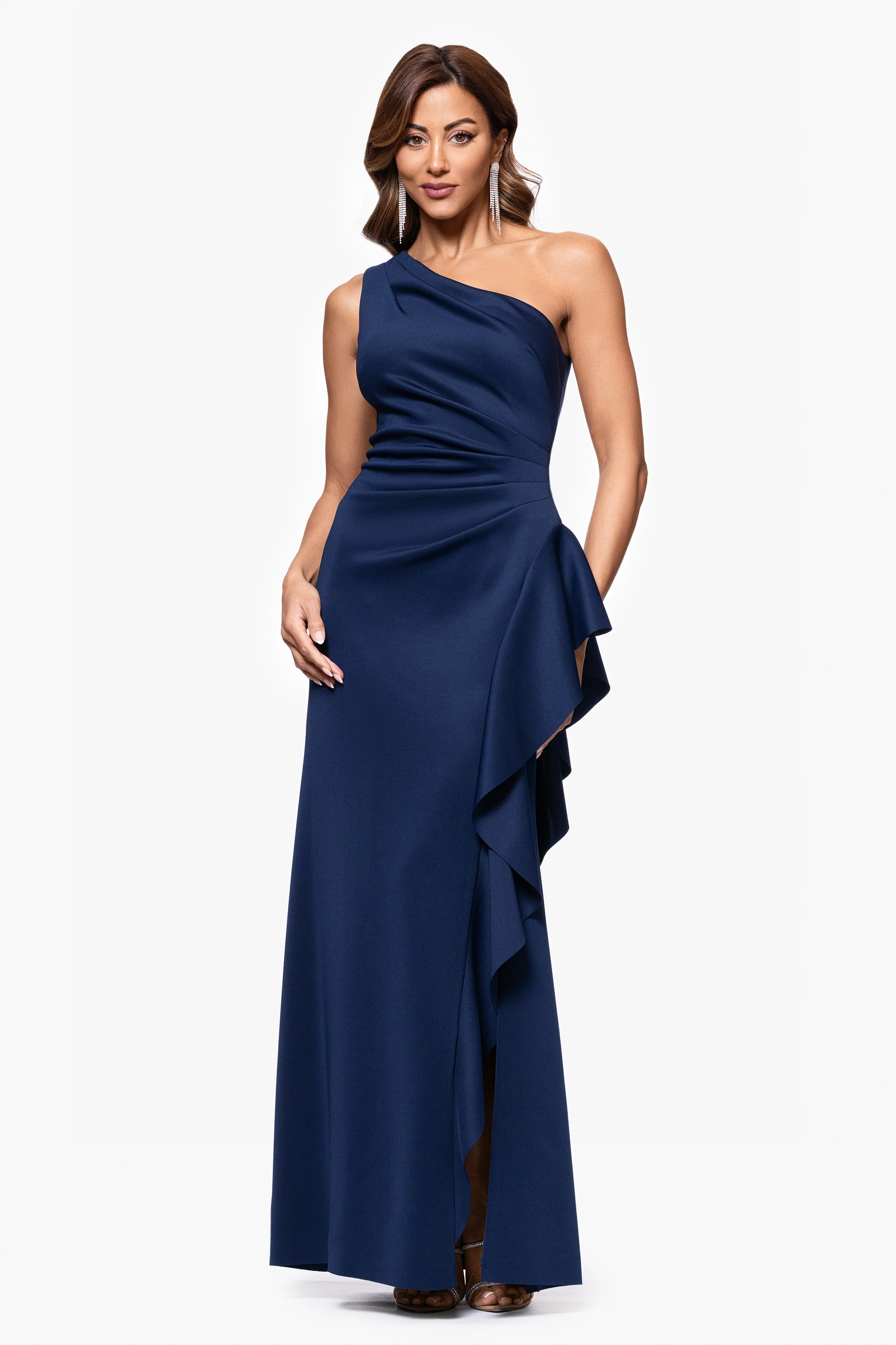 "Flo" Long Techno Scuba One Shoulder Ruffle Dress - Image 20