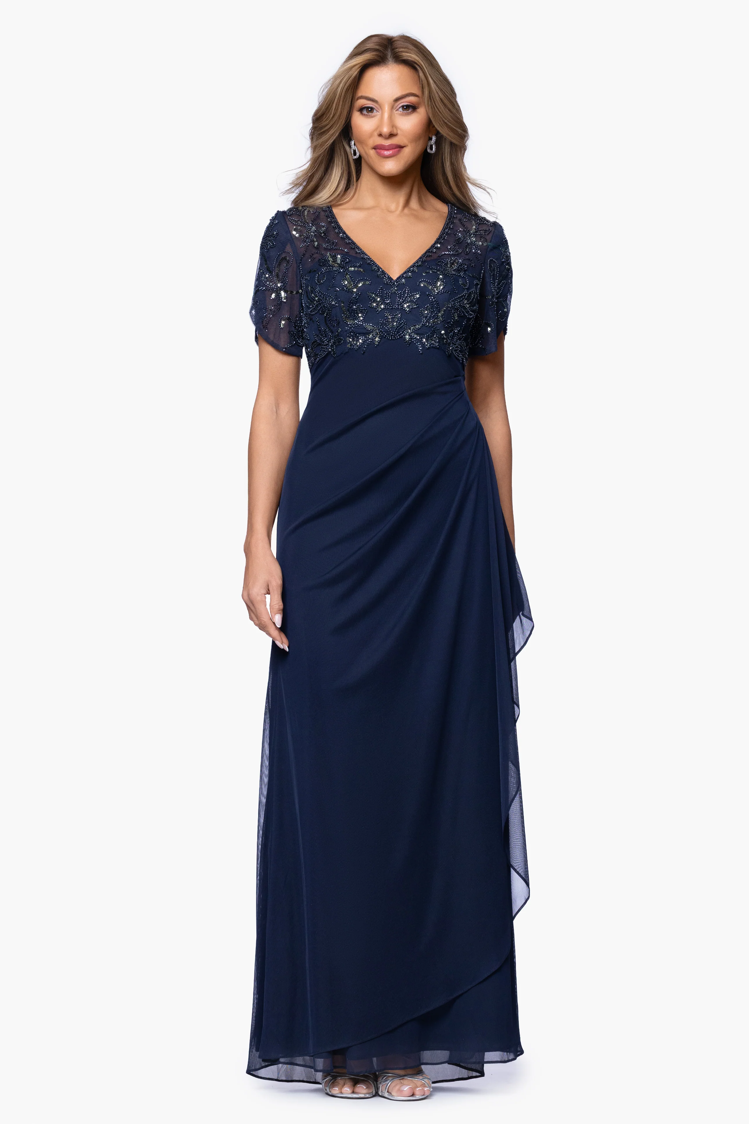 "Giselle" Sheer Matte Jersey Beaded V-Neck Dress - Image 2