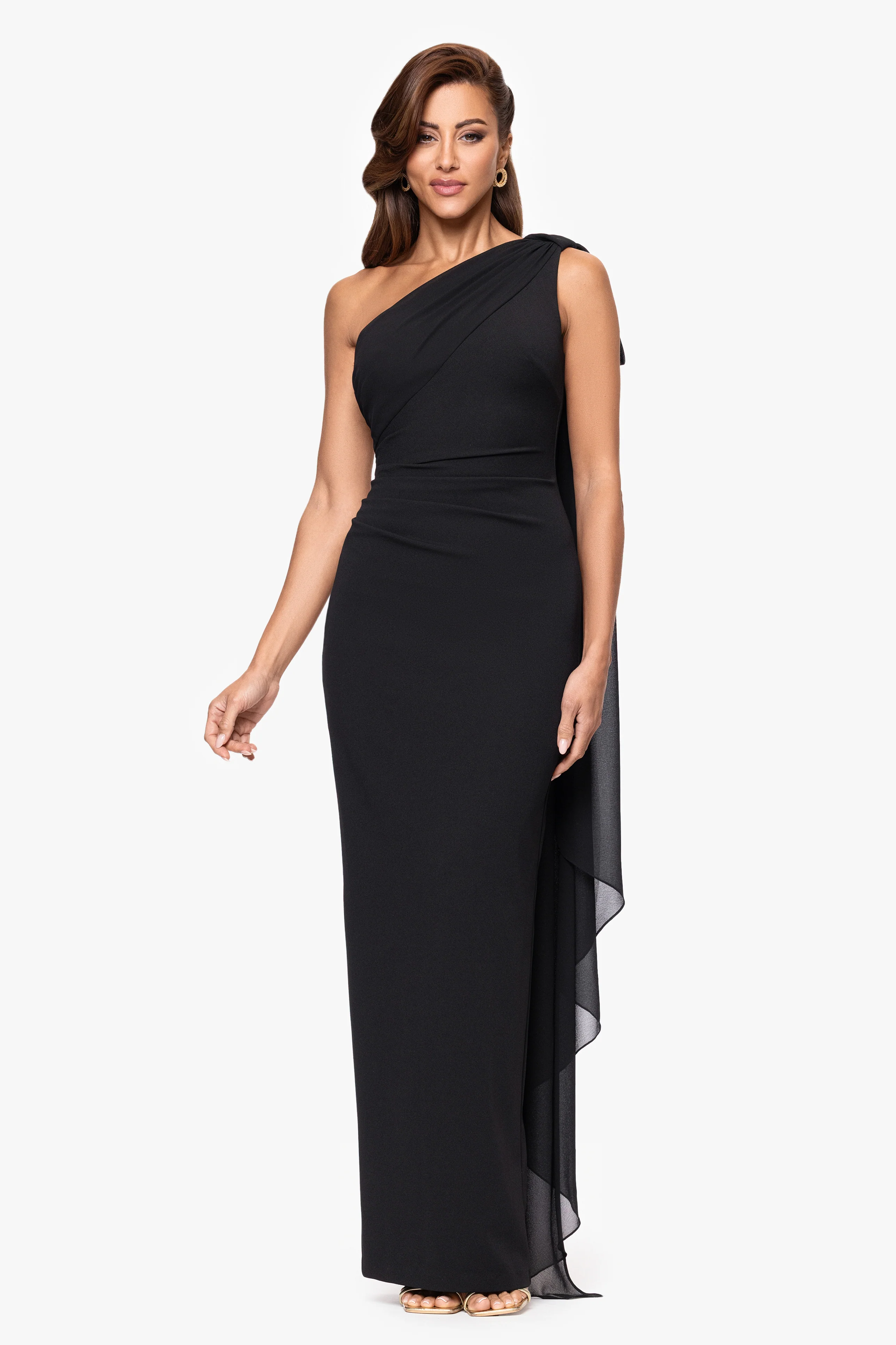 "Grace" Scuba Crepe and Chiffon One Shoulder Shash Dress - Image 2