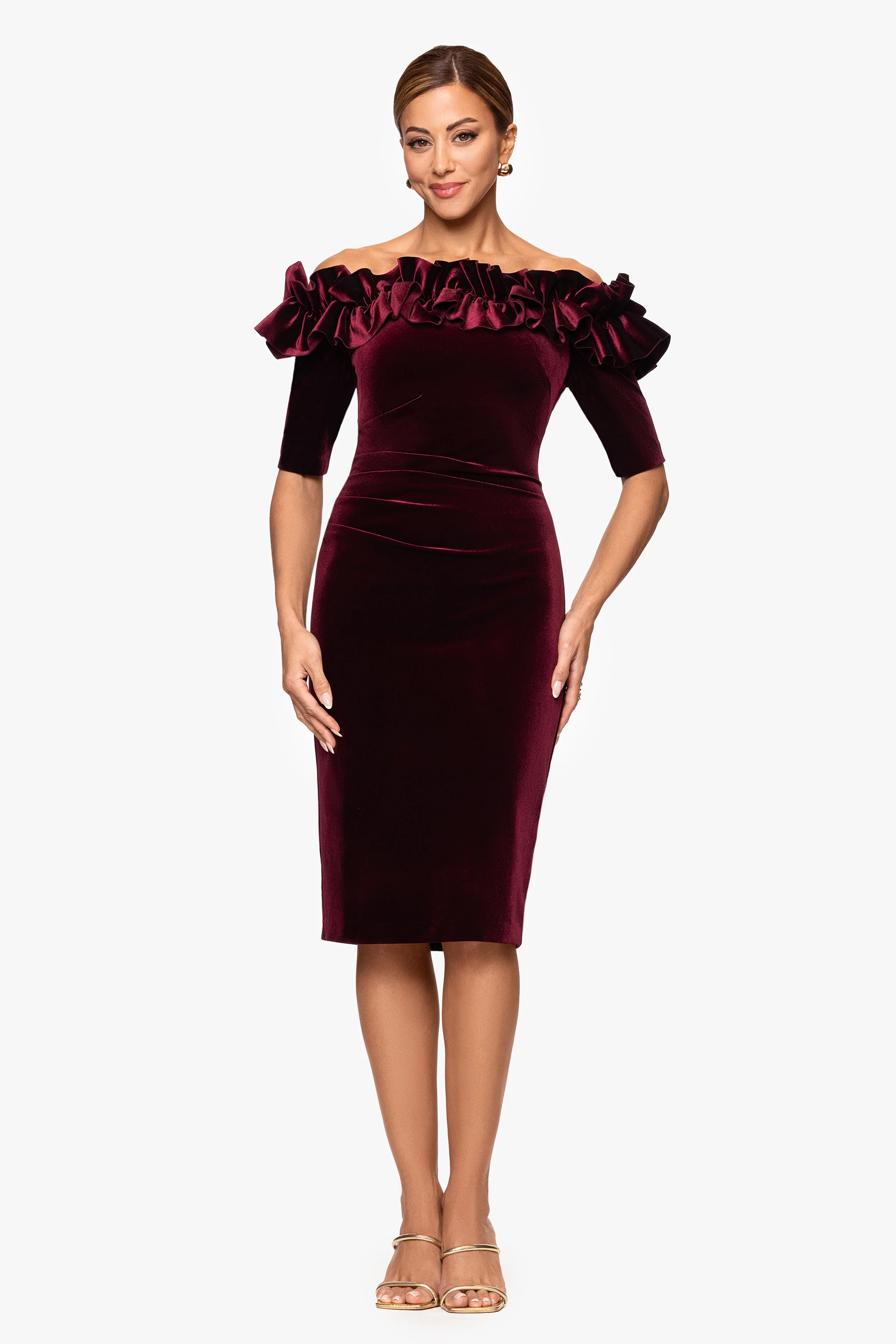 "Hayden" Velvet Off the Shoulder 3/4 Sleeve Ruffle Dress
