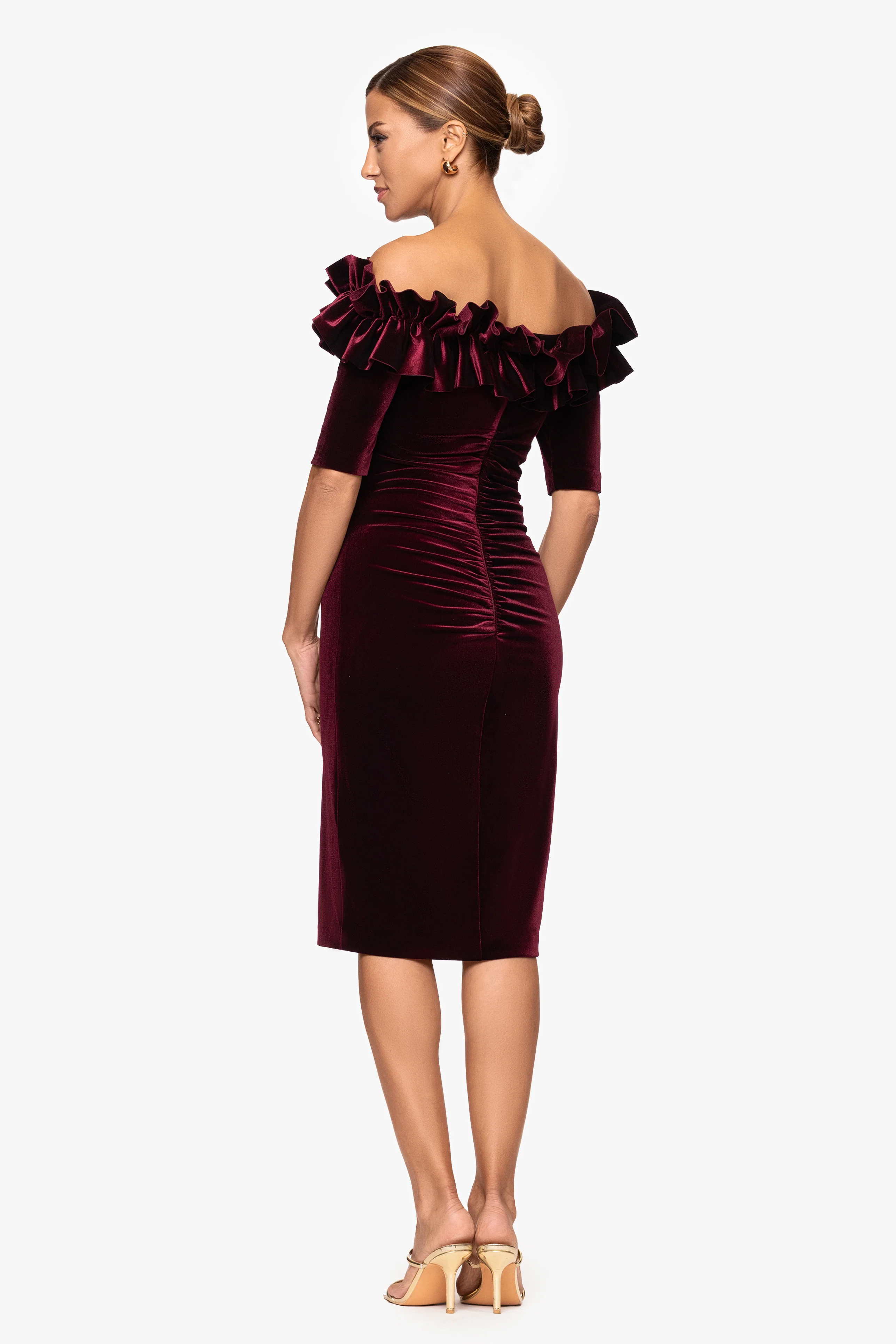 "Hayden" Velvet Off the Shoulder 3/4 Sleeve Ruffle Dress - Image 3