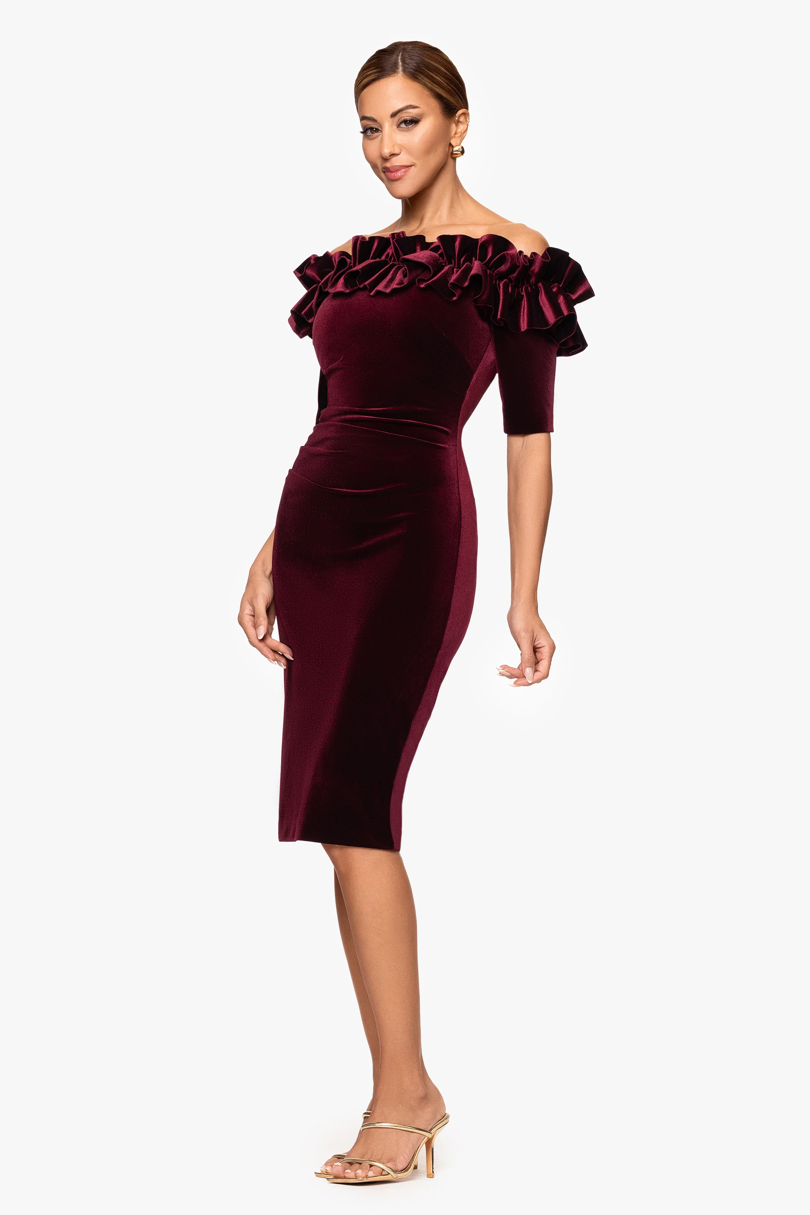 "Hayden" Velvet Off the Shoulder 3/4 Sleeve Ruffle Dress - Image 4