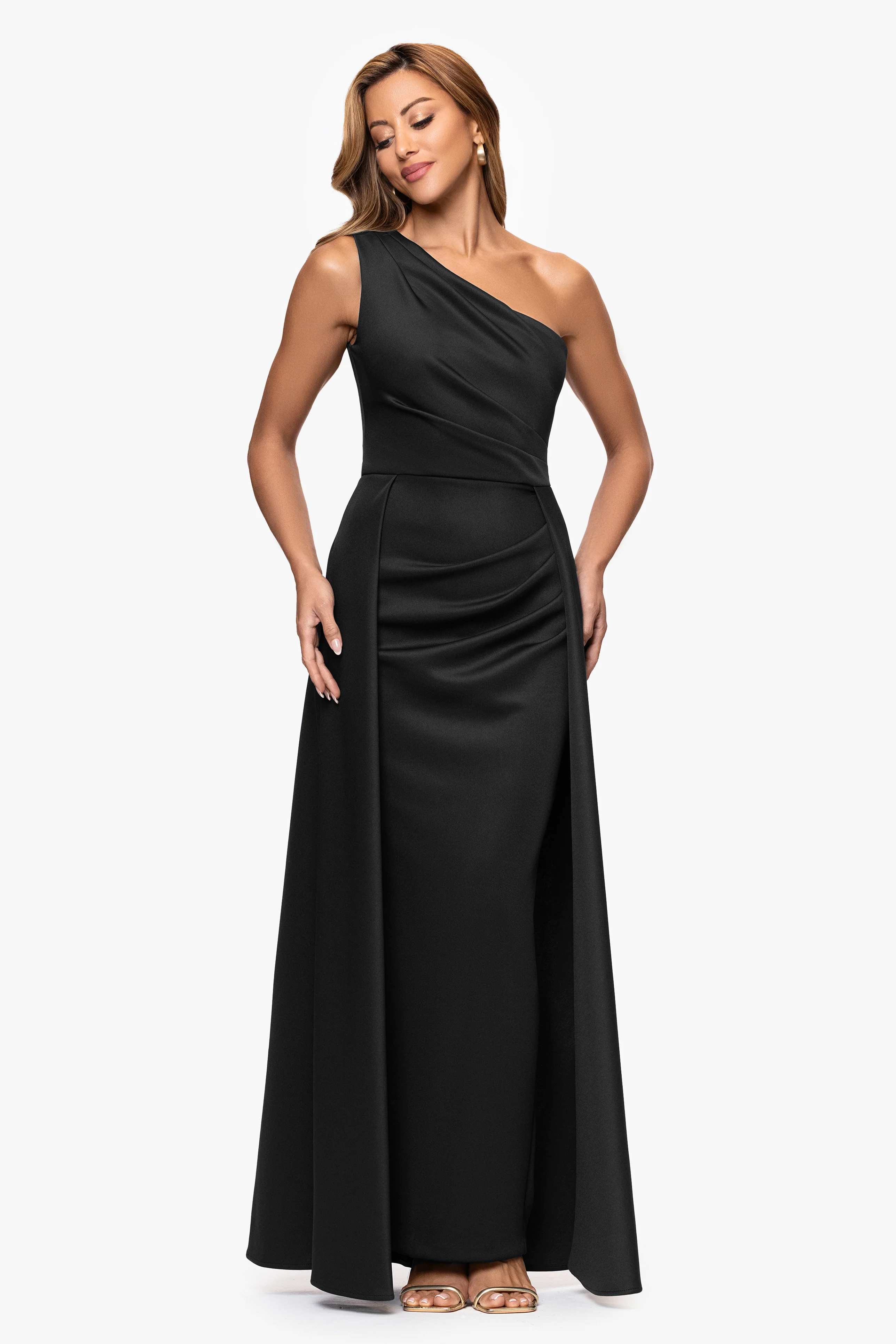 "Jalen" Techno Scuba One Shoulder Back Drape Dress