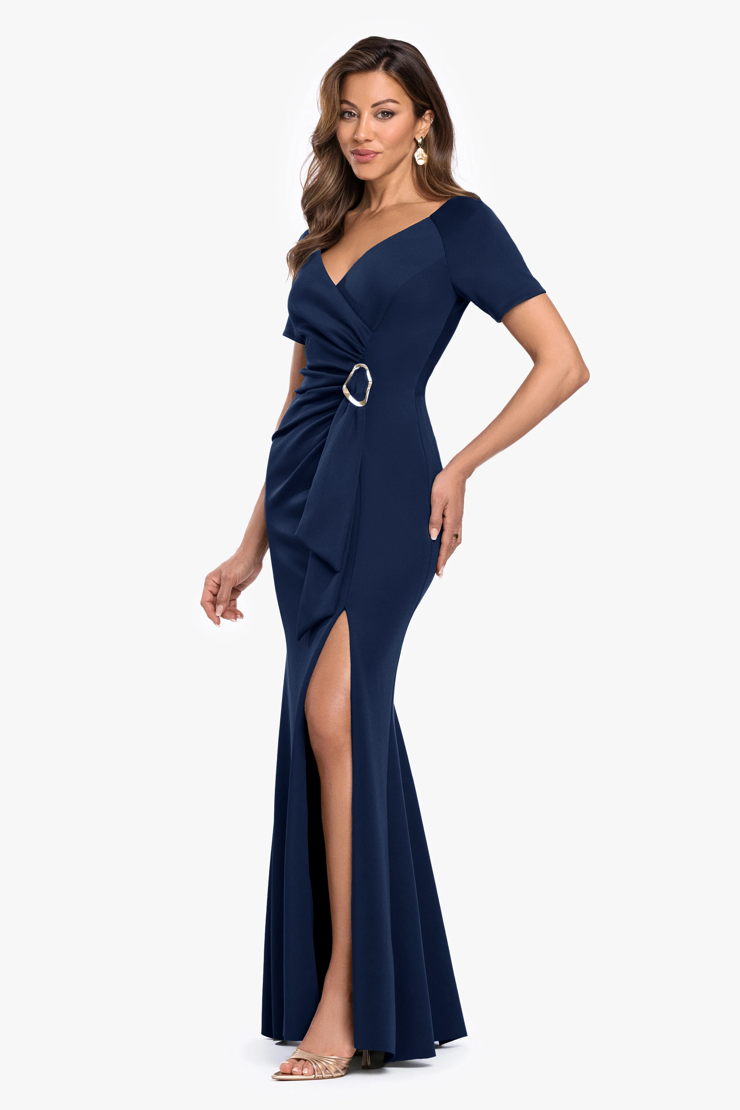 "Jaslene" Techno Scuba V-Neck Gold Detail Dress - Image 4