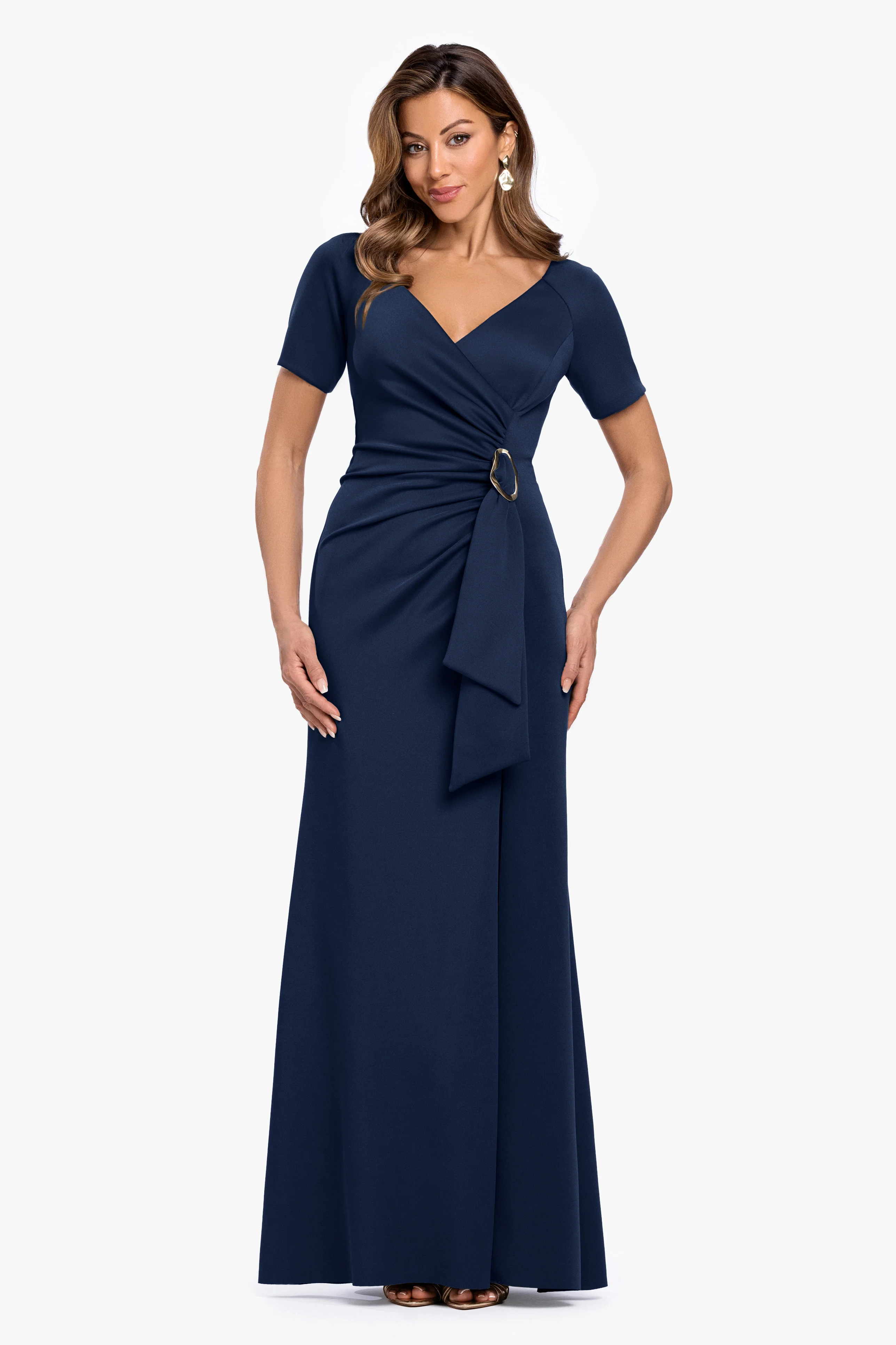 "Jaslene" Techno Scuba V-Neck Gold Detail Dress - Image 5