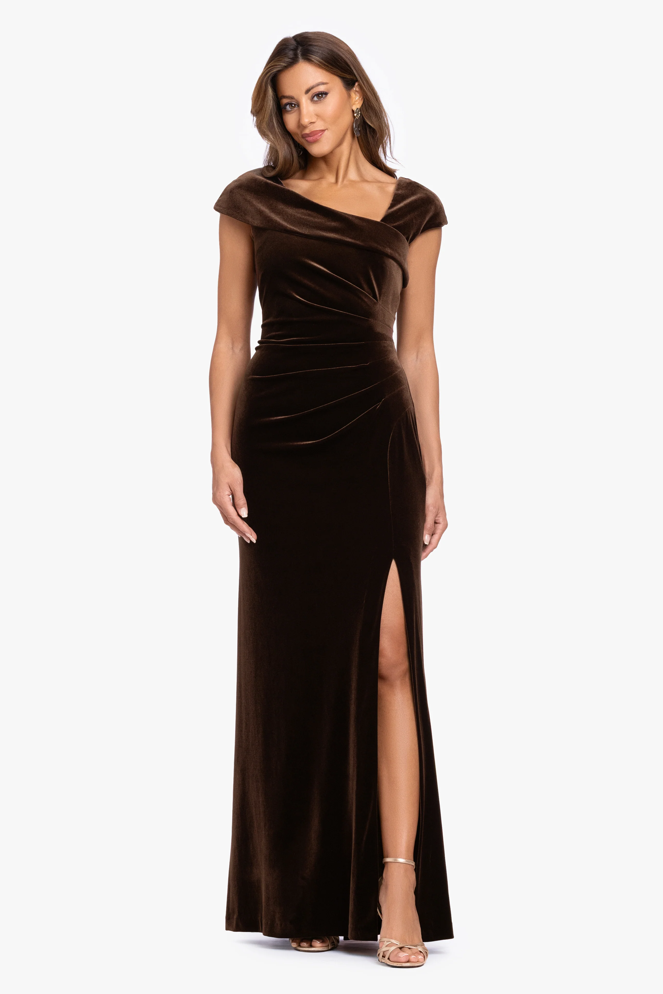 "Katrina" Velvet Asymmetrical Neckline Cap Sleeve Dress - Image 11