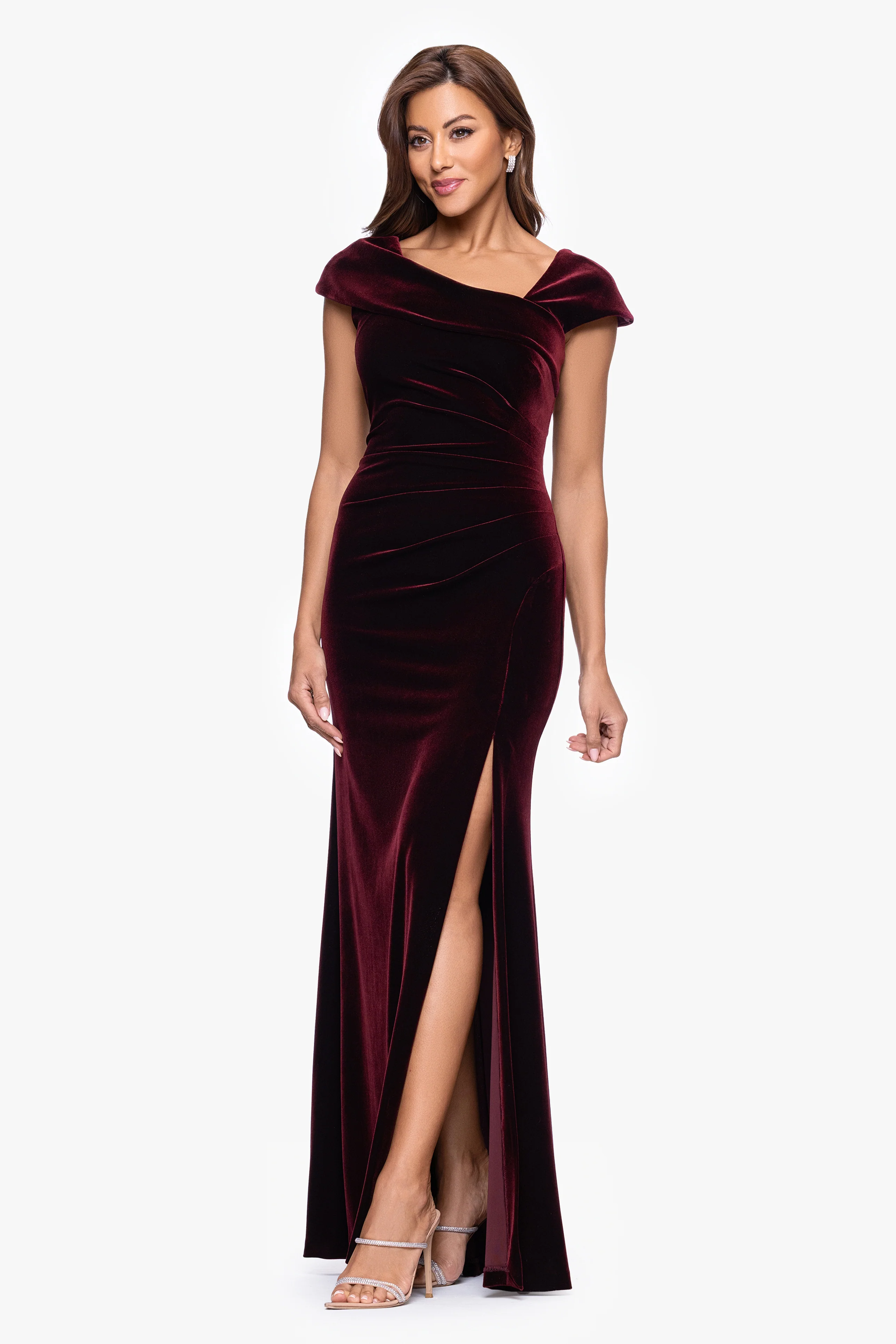 Petite "Katrina" Velvet Asymmetrical Neckline Cap Sleeve Dress - Image 4