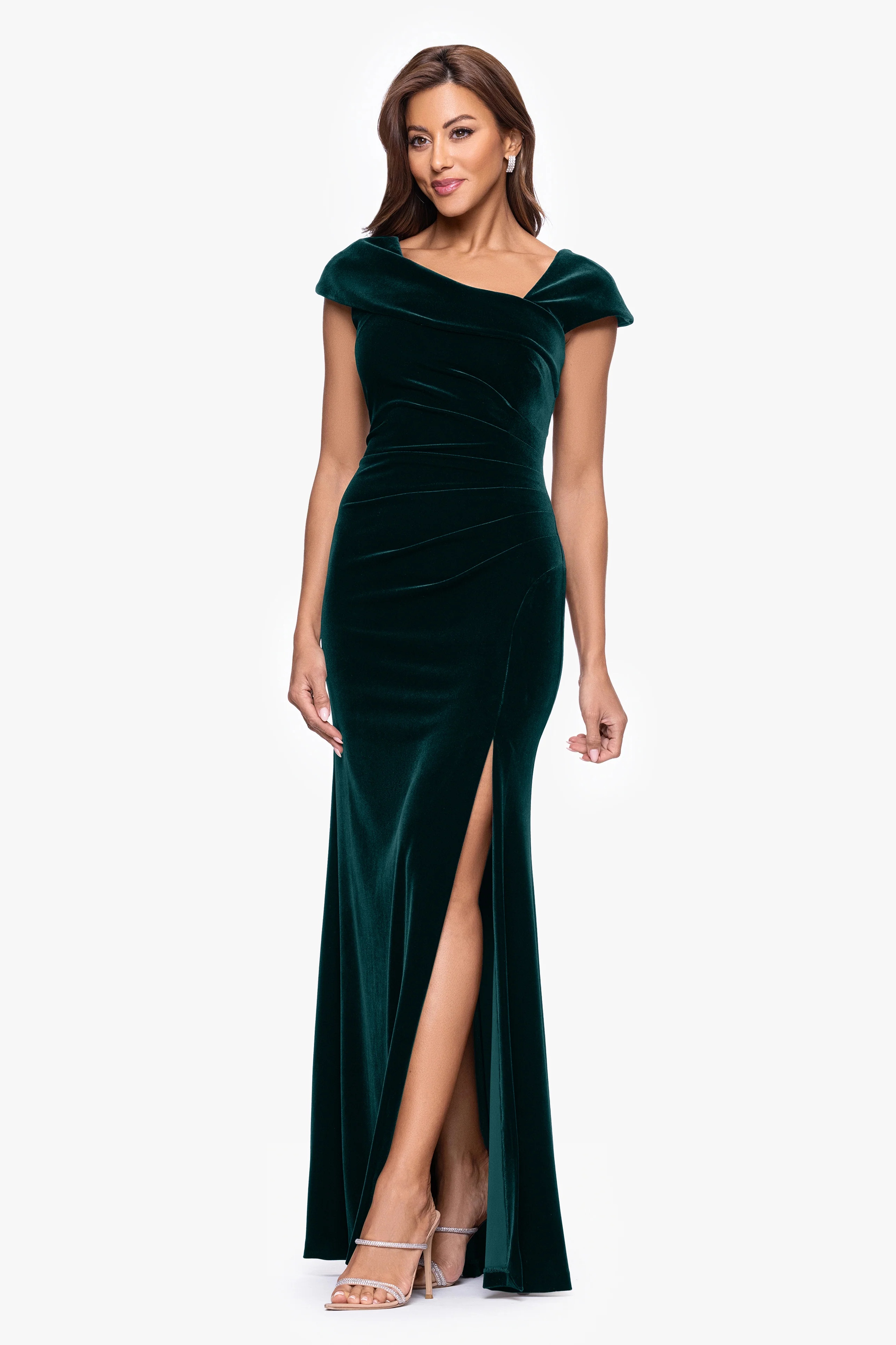 "Katrina" Velvet Asymmetrical Neckline Cap Sleeve Dress - Image 6