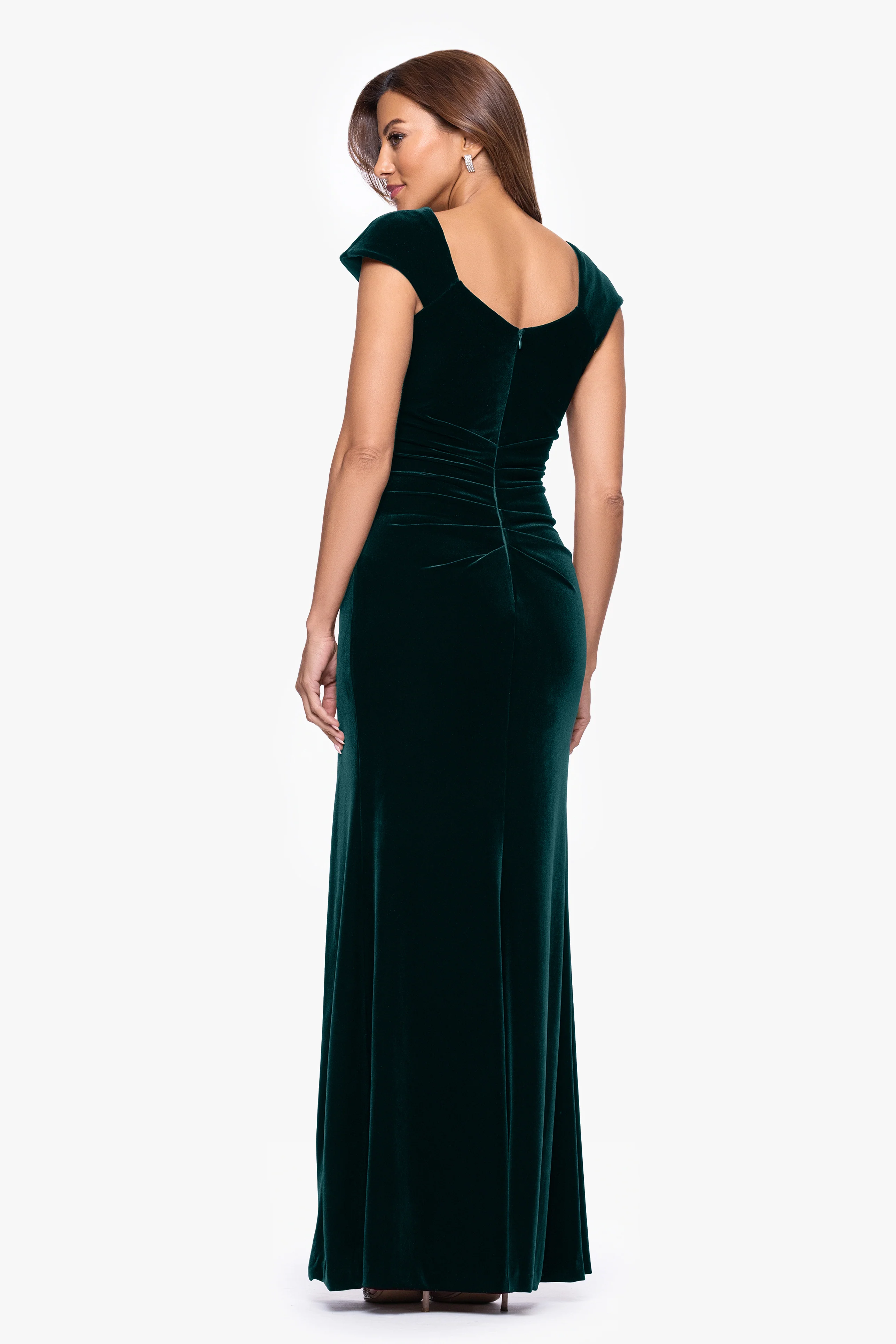 "Katrina" Velvet Asymmetrical Neckline Cap Sleeve Dress - Image 8