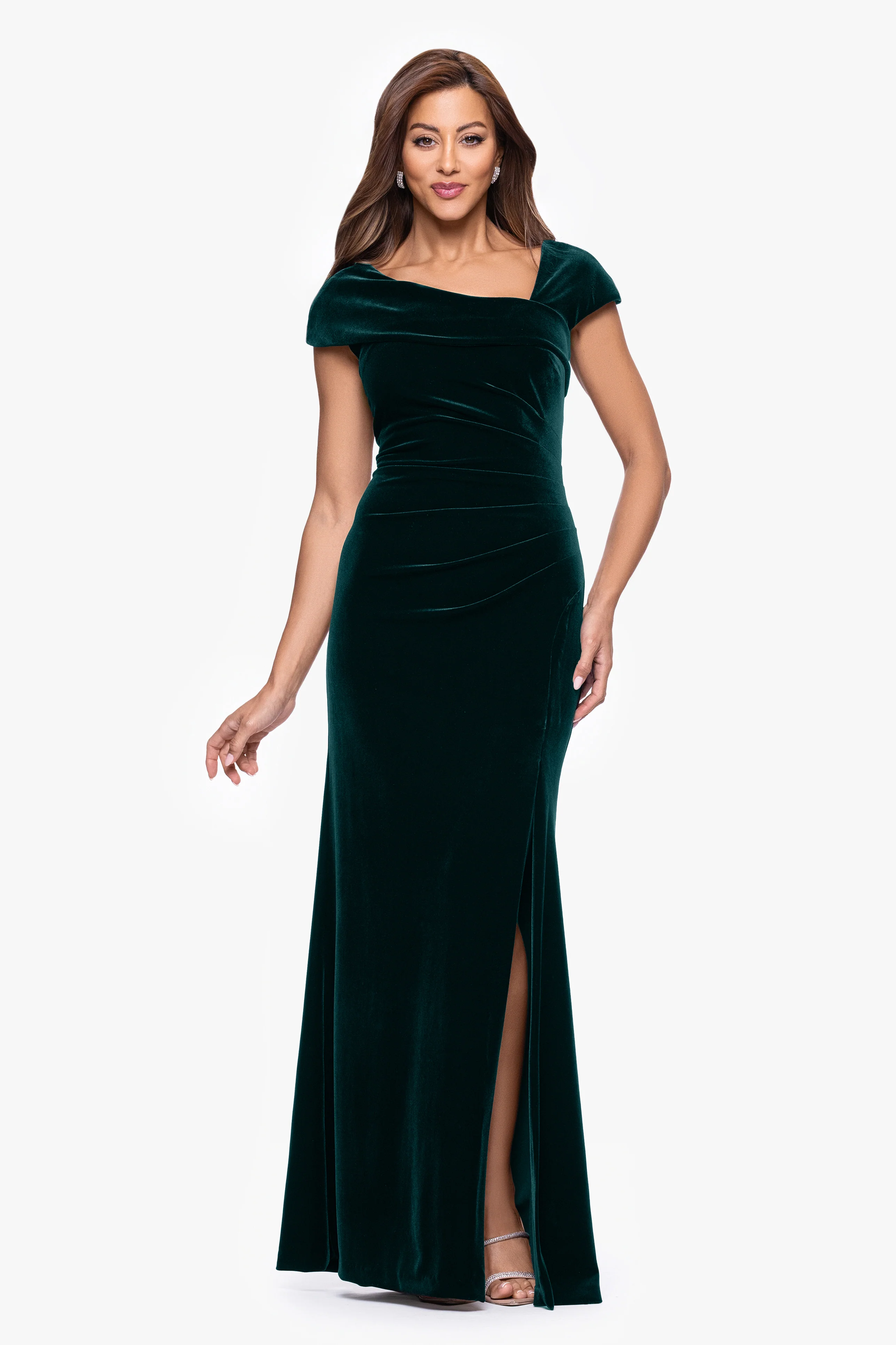 "Katrina" Velvet Asymmetrical Neckline Cap Sleeve Dress - Image 9