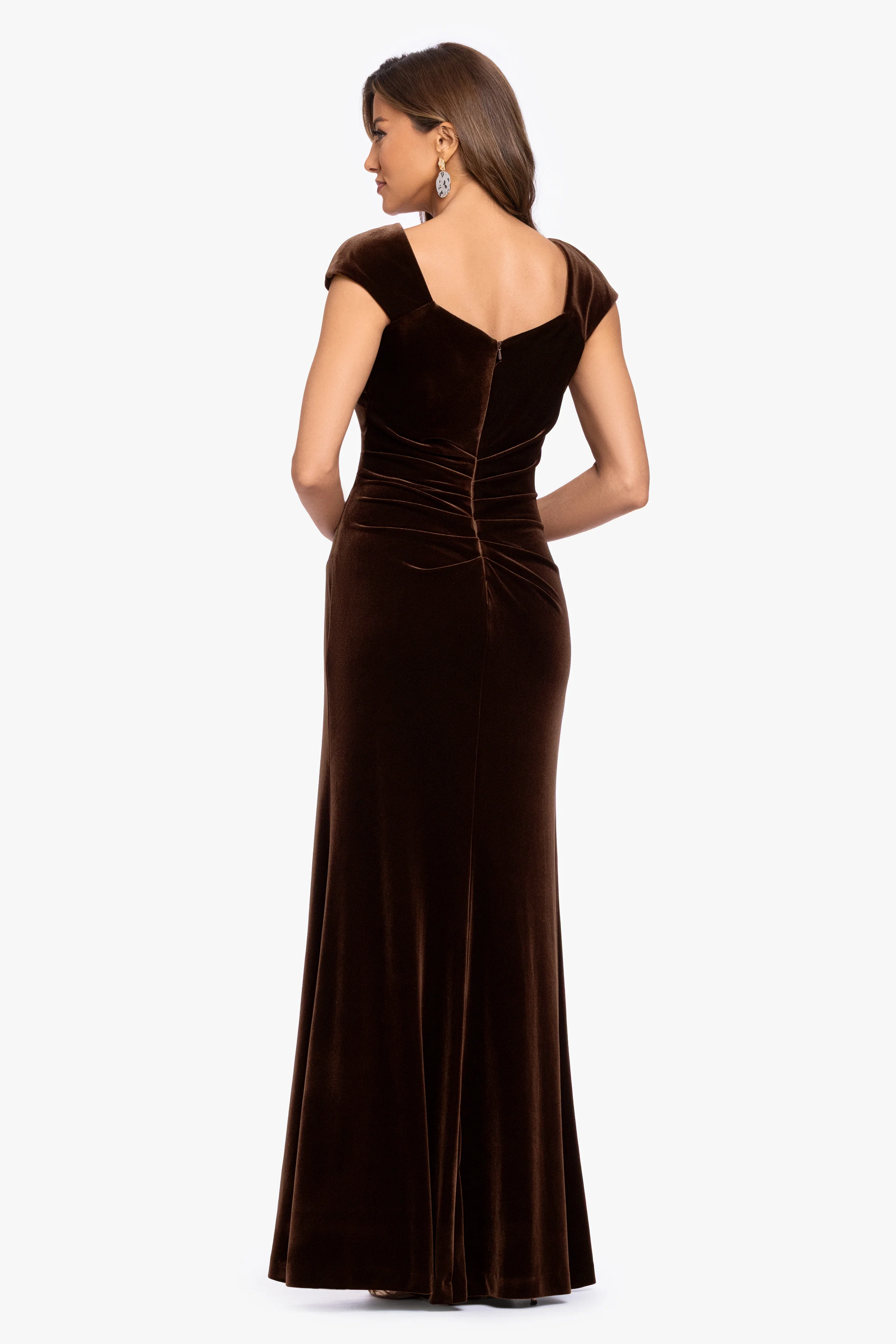 "Katrina" Velvet Asymmetrical Neckline Cap Sleeve Dress - Image 13