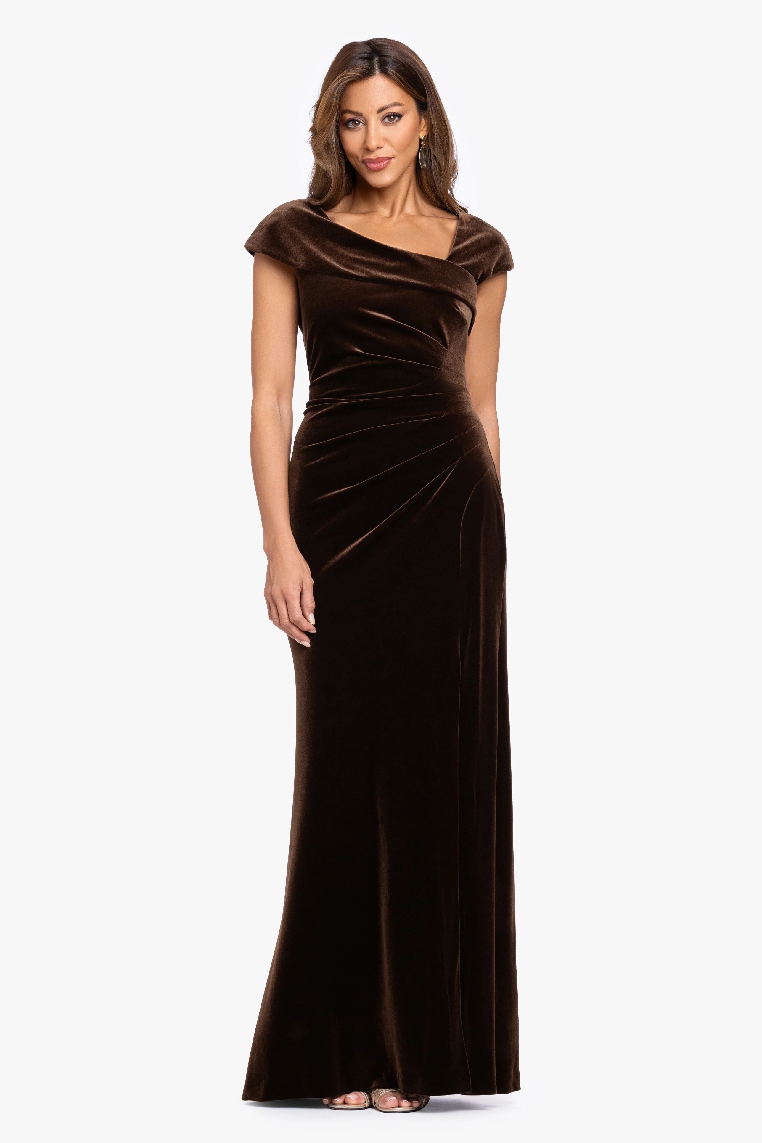 "Katrina" Velvet Asymmetrical Neckline Cap Sleeve Dress - Image 15