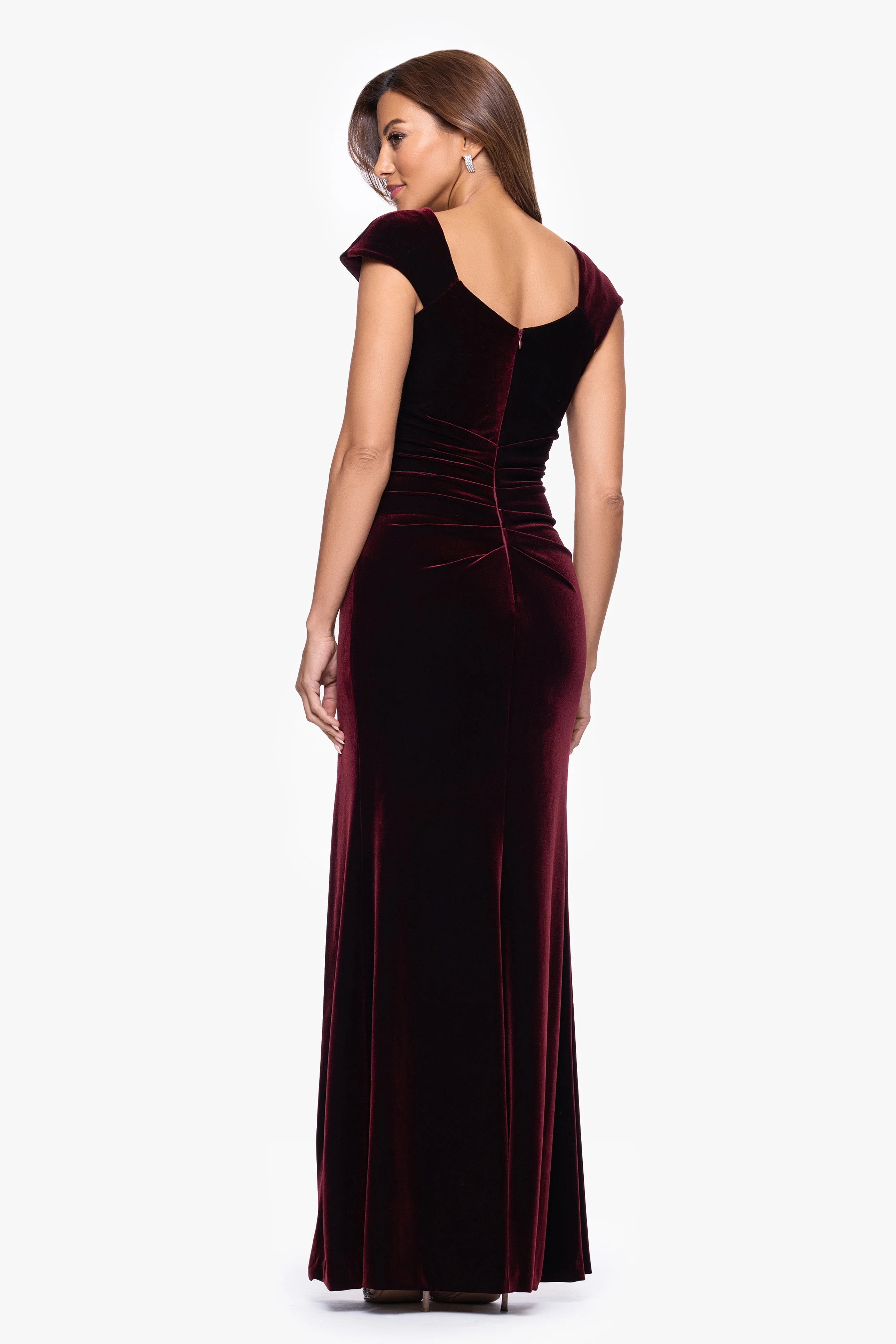 Petite "Katrina" Velvet Asymmetrical Neckline Cap Sleeve Dress - Image 3