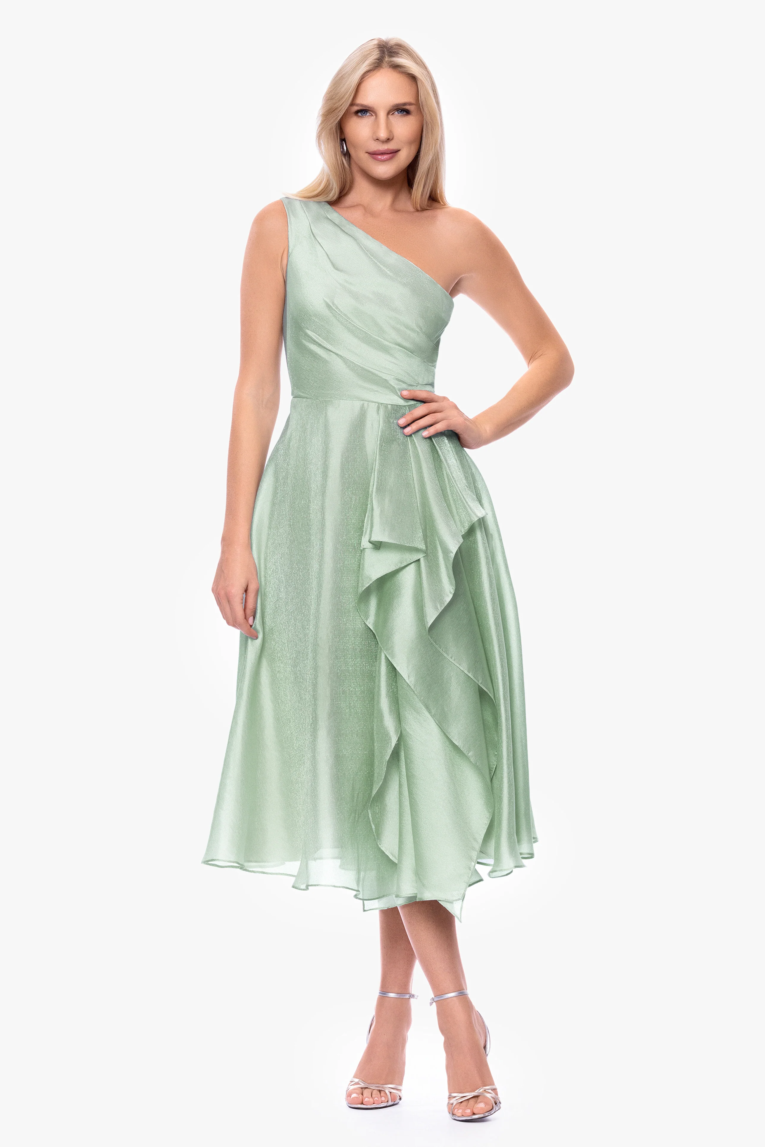 "Keira" Metallic Organza One Shoulder Midi Dress - Image 2