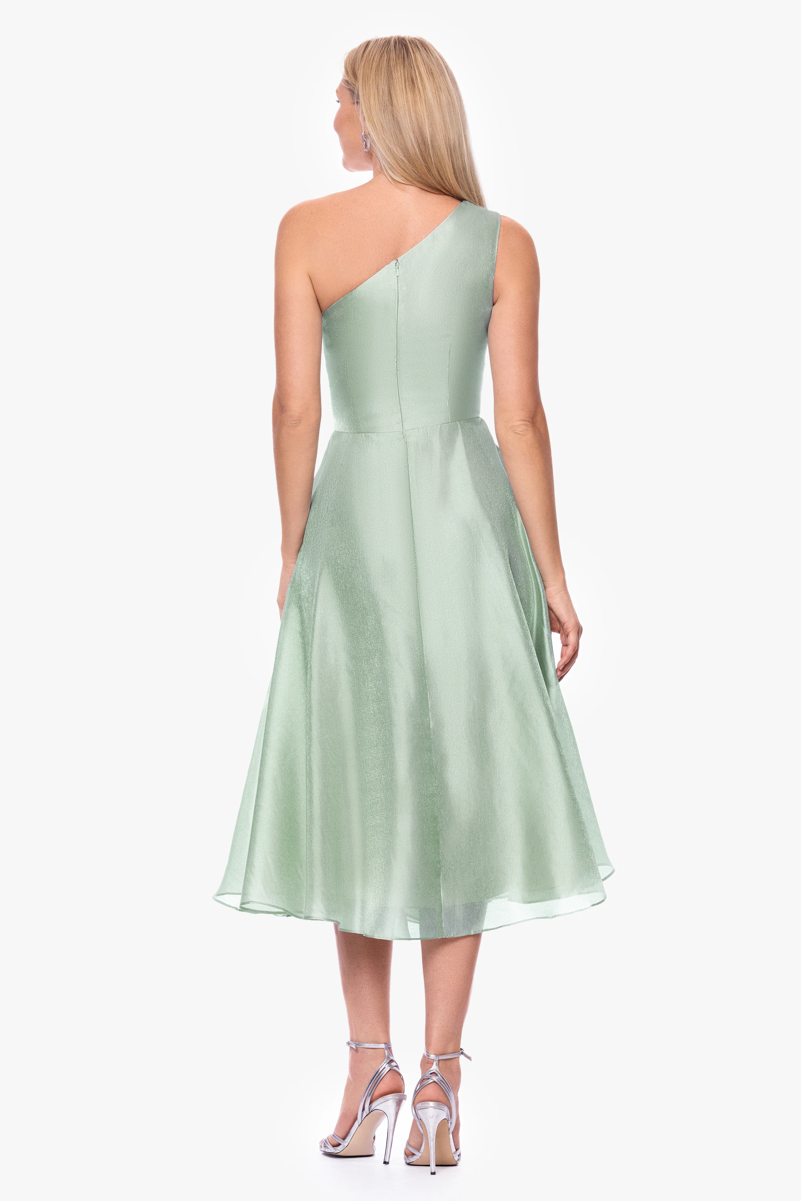 "Keira" Metallic Organza One Shoulder Midi Dress - Image 4