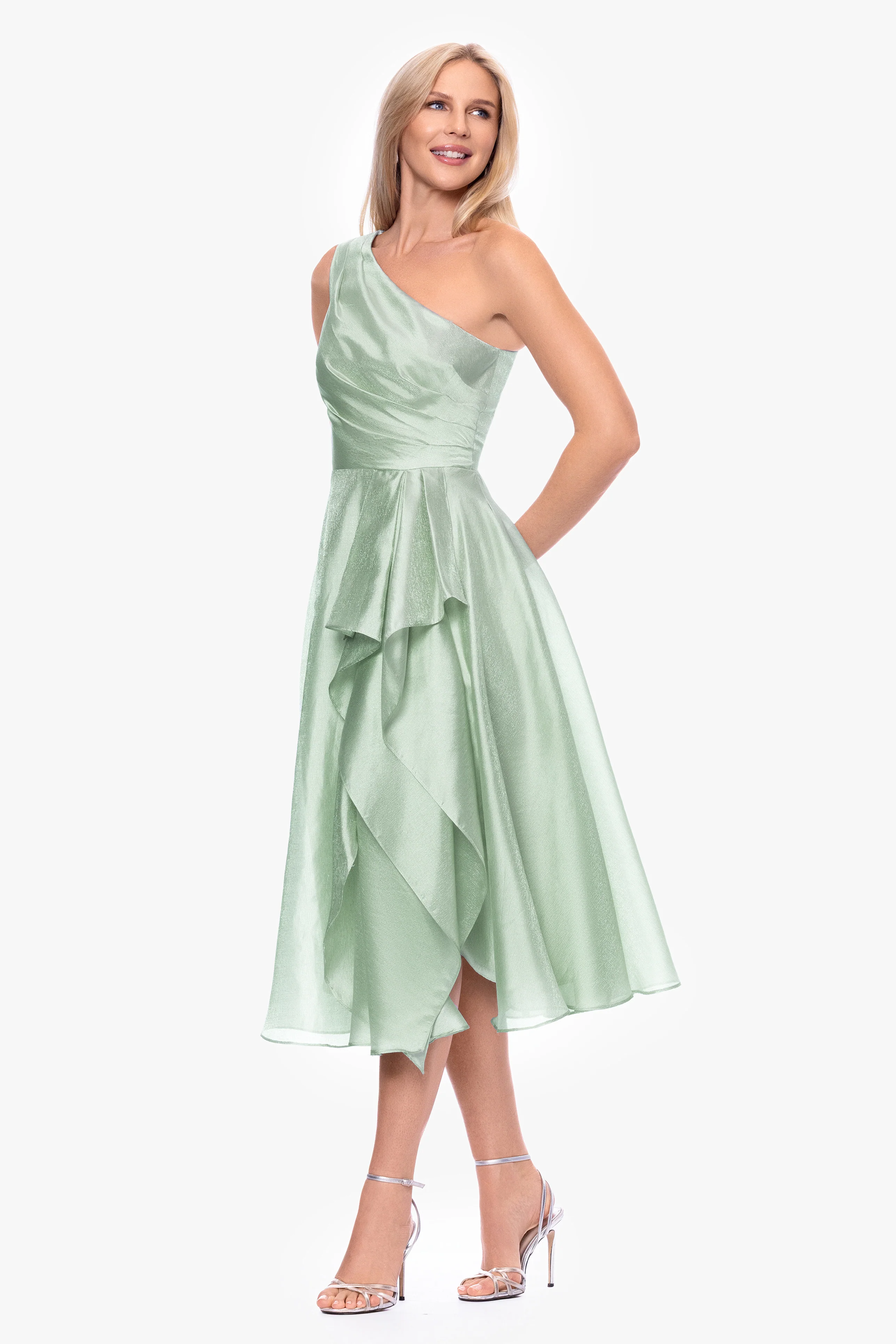"Keira" Metallic Organza One Shoulder Midi Dress - Image 5